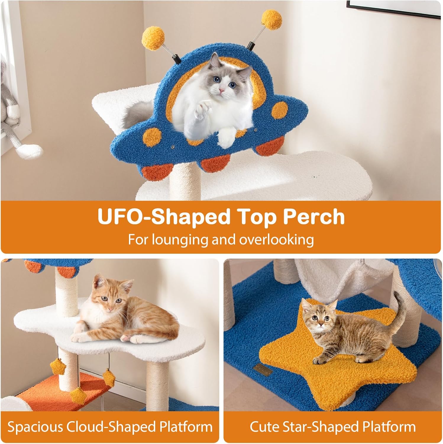 PETSITE 49-inch Cat Tree for Indoor Cats, Space-Themed Multi-Level Cute Cat Tree Tower with Sisal Scratching Posts, UFO Top Perch, Space Capsule, Cloud & Star Platforms, Dangling & Spring Balls