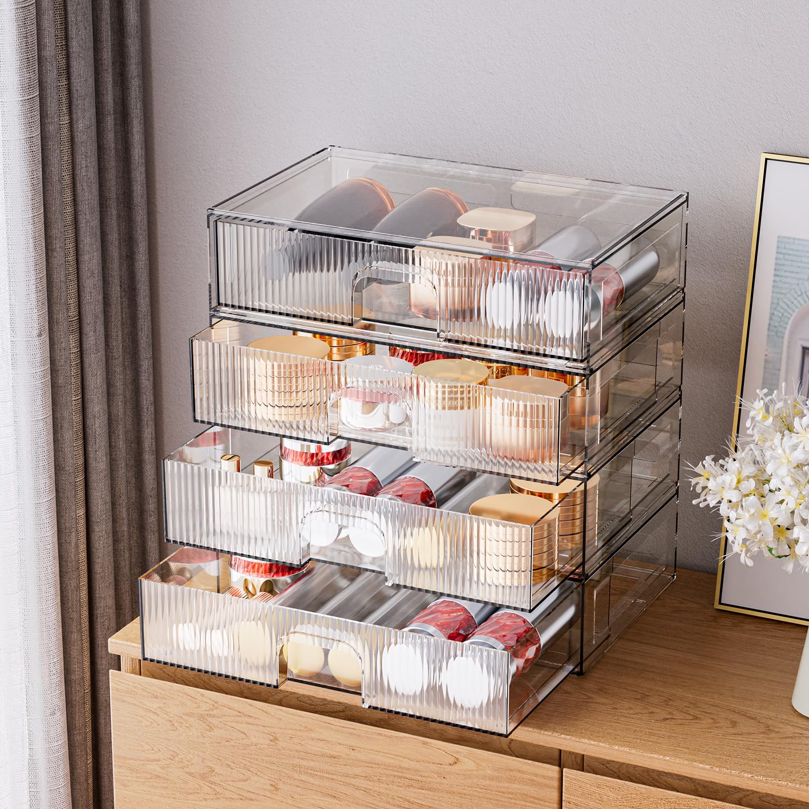 ZHIAI Cassetto portaoggetti impilabile, 4 pezzi, organizer in acrilico per cosmetici e prodotti di bellezza, adatto per cassettiere, bagno, armadi, ripostigli, camere da letto e organizzatori per la