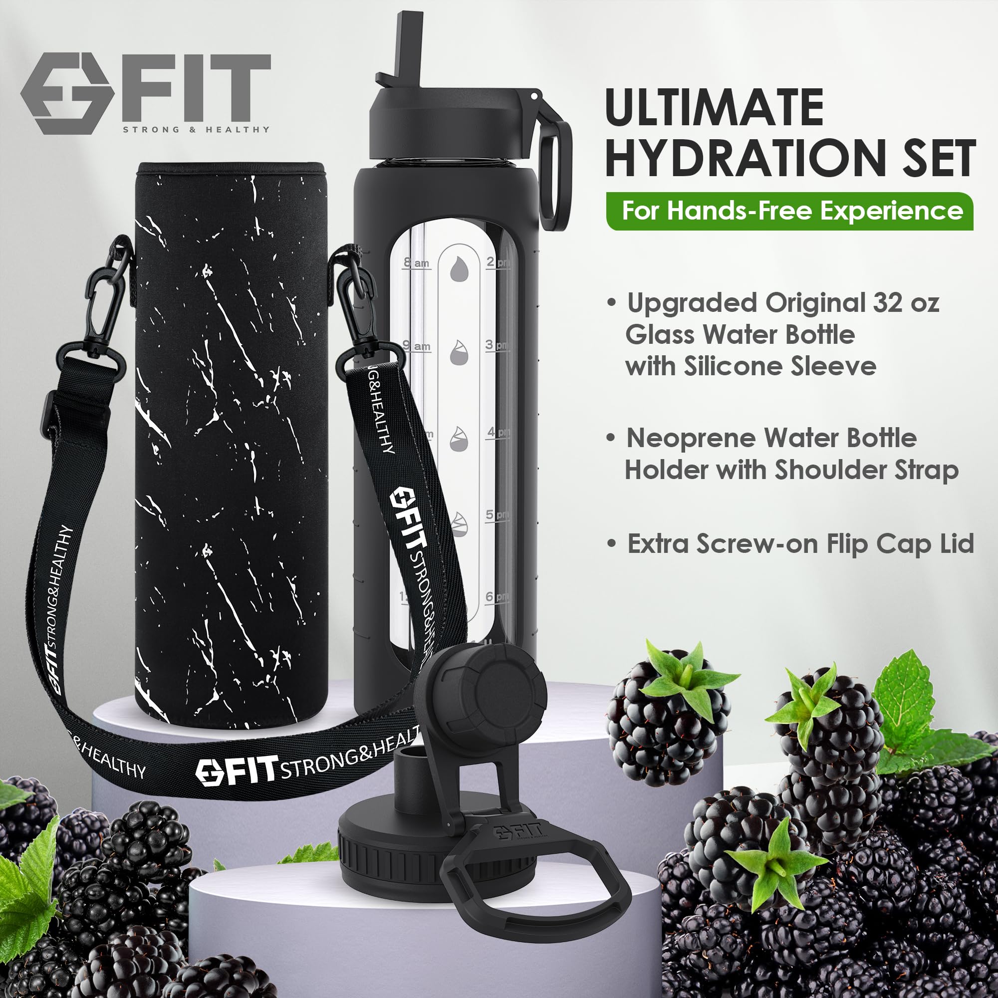 900 ml Glas-Wasserflasche mit Zeitmarkierung und Träger – extra Deckel, wiederverwendbar, breite Öffnung, Wasserflasche mit feuchtigkeitsspendender Erinnerung, 1 Liter Glas-Trinkflasche (schwarze