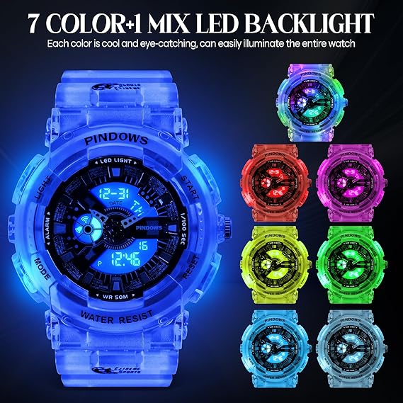 PINIDOUS Dameshorloges voor tieners studenten - Buiten waterdicht digitaal sport analoog horloge met stopwatch, alarm, countdown, dubbel display, 7 kleuren LED-achtergrondverlichting, Sport
