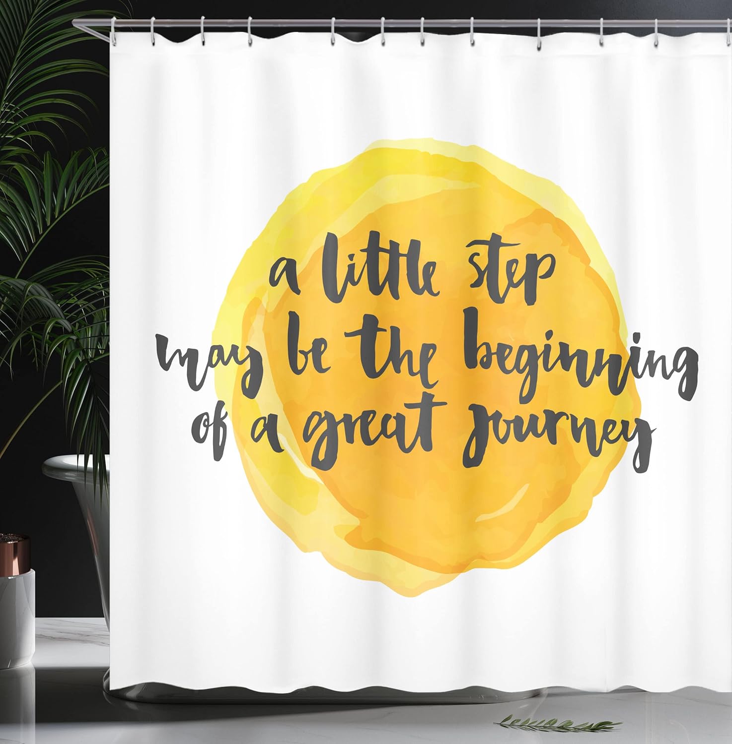Ambesonne Saying Shower Curtain, Positive Text Watercolor Monochrome Background Brush Strokes, Cloth Fabric Bathroom Decor Set with Hooks, 69" W x 70" L, Charcoal Grey Yellow