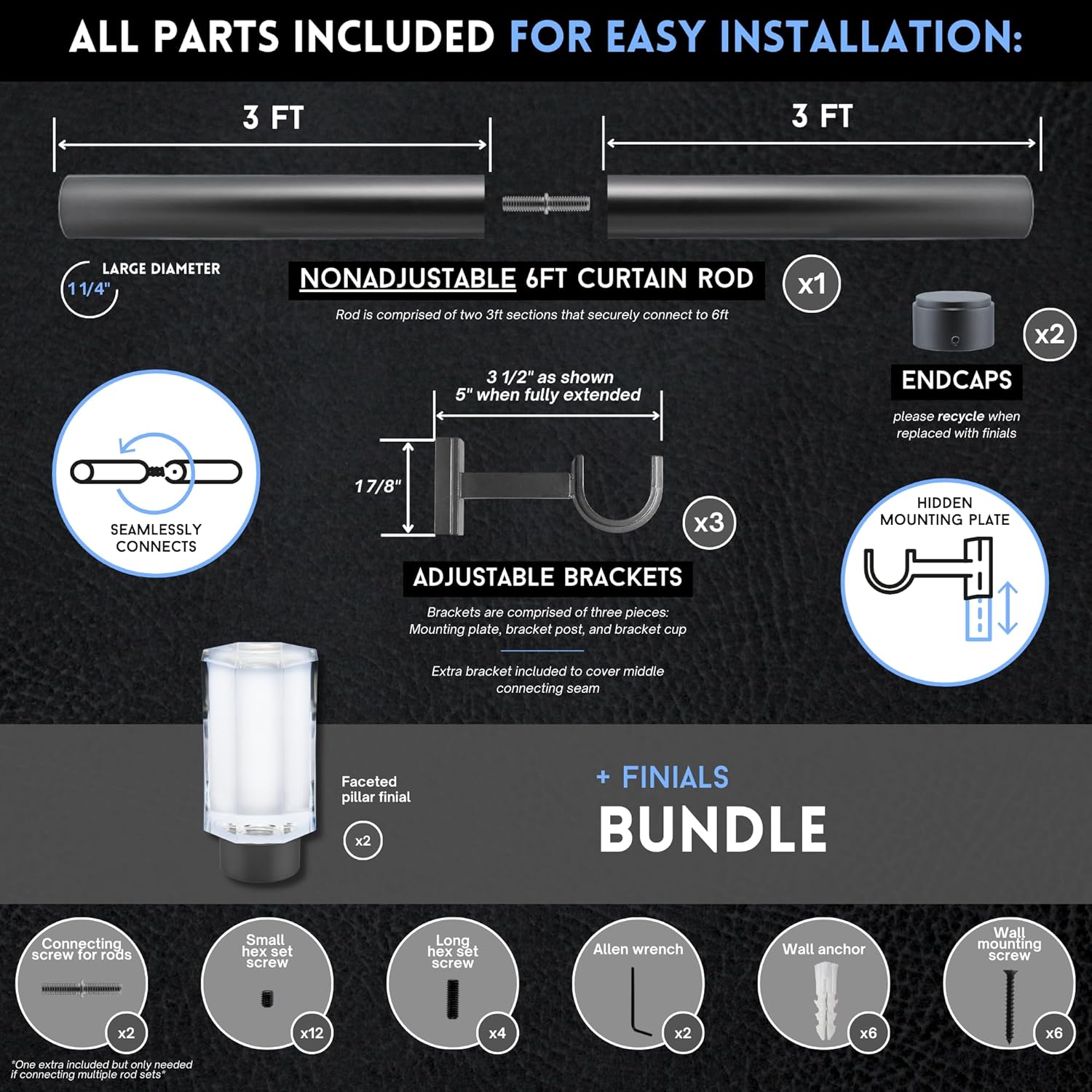 6 foot Custom Curtain Rod & Faceted Pillar Finials Bundle – Luxury Nonadjustable 1 ¼” Large Diameter with Designer Finials & Premium Quality Mounting Brackets – Matte Graphite Finish