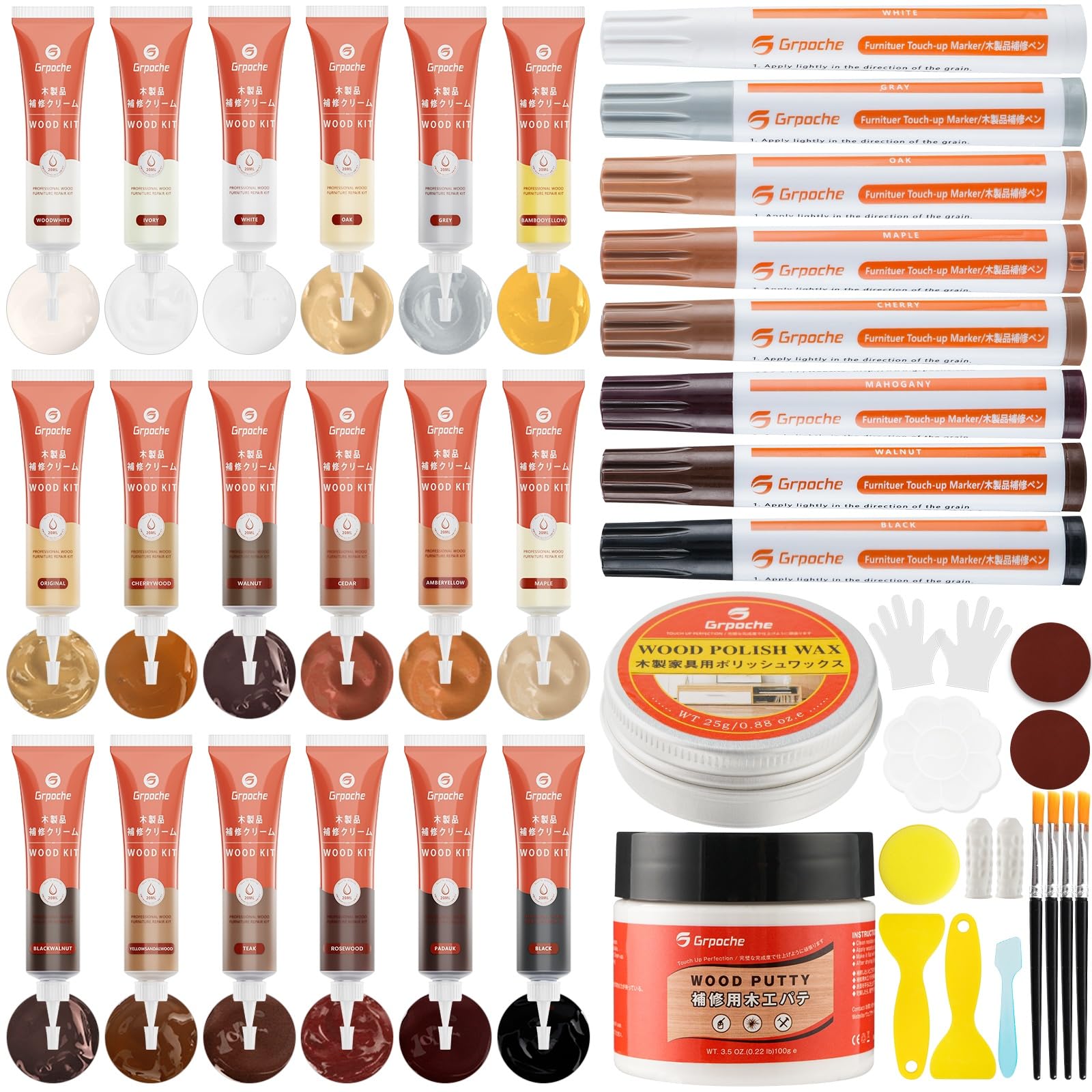 Kit Reparation Parquet, 40 Pièces Kit de Réparation de Meubles en Bois, Marqueurs de Retouche, Mastic à Bois Reparation Fissures, Rayures, pour Stratifié, Table, Porte