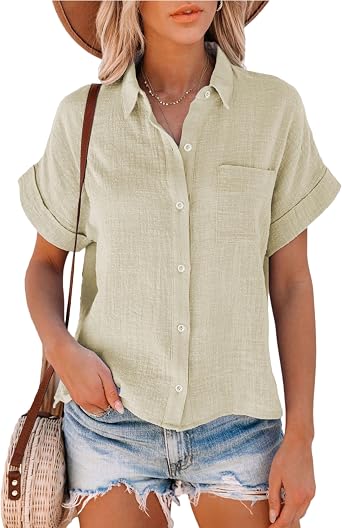Womens Cotton Linen Button Down Short Sleeve Shirt 2026 Summer Linen Tops Blouses with Pocket