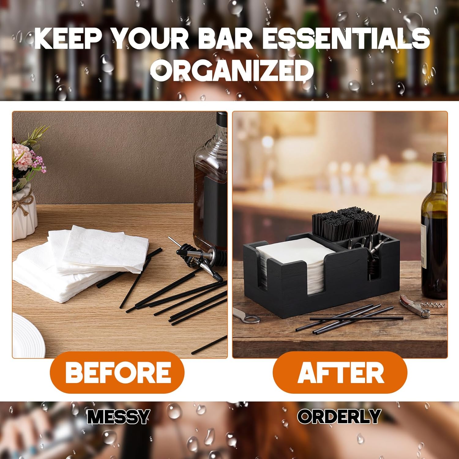 Mifoci Wooden Bar Caddy with 6 Compartments, Pinewood Bar Caddy Napkin & Straw Holder Organizer Cocktail Napkin Holder Condiments for Home Office Kitchen Countertop (Black,10.6 L x 5.5 W)