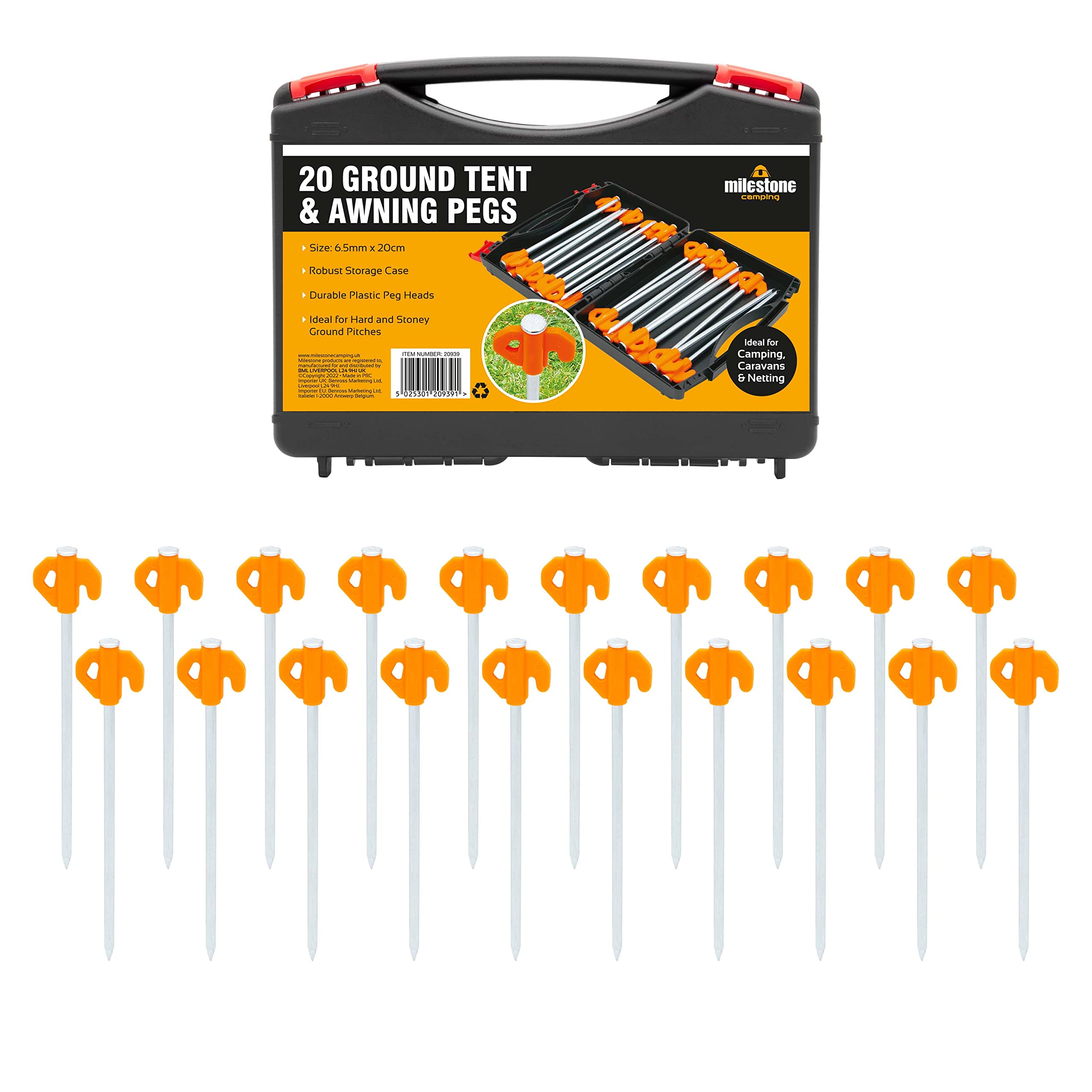 Milestone Camping 20939 20 Heavy Duty Tent Pegs / 20cm Length/Includes Plastic Storage Case/Perfect For Tents, Gazebos, Awnings & More/Works In Hard Ground