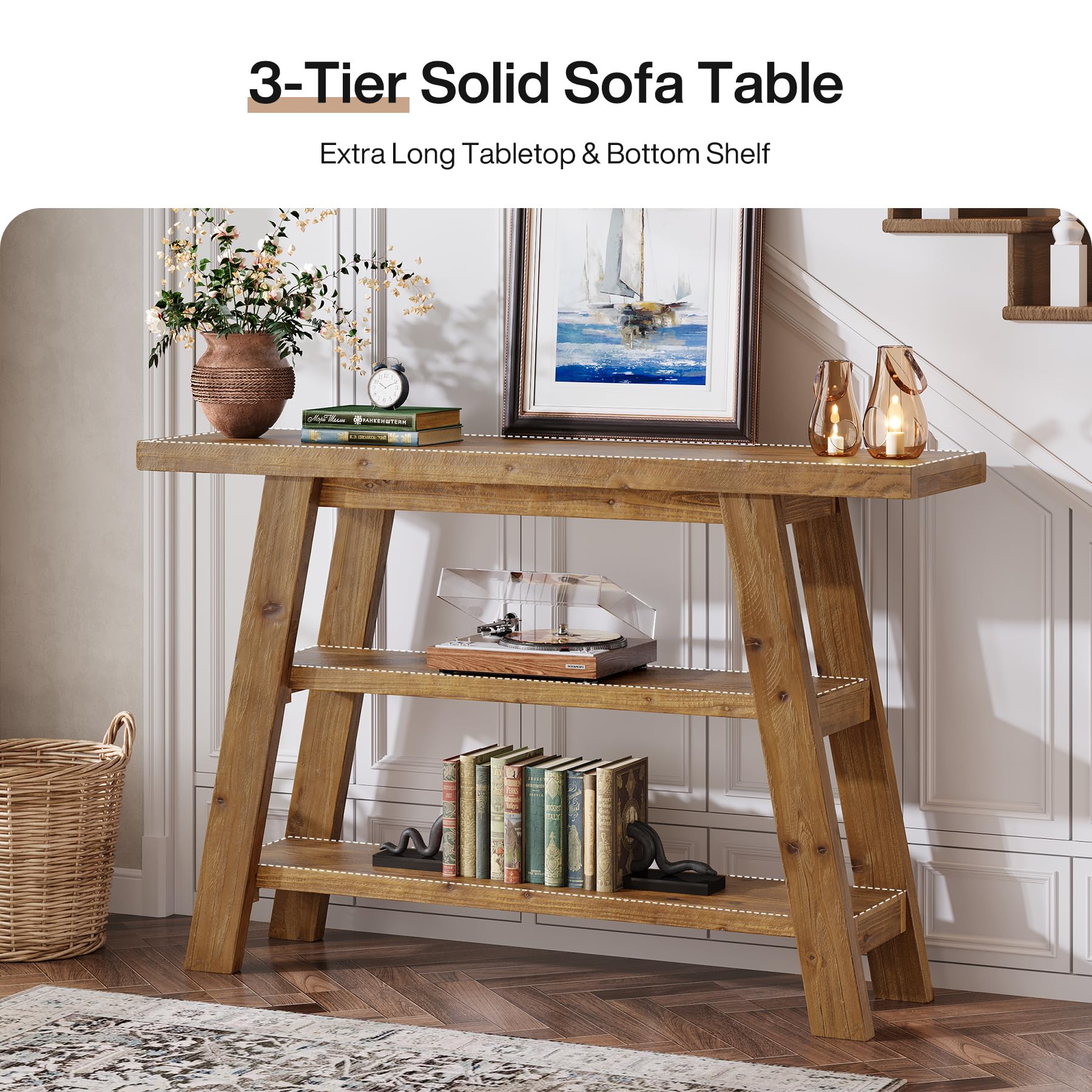 Massivholz-Konsolentisch, 120 cm langer Landhaus-Eingangstisch mit 3-stufigen Regalen, rechteckige Couch-Tische hinter dem Sofa, schmale Akzenttische für Flur, Eingang, Foyer, Wohnzimmer (Braun)