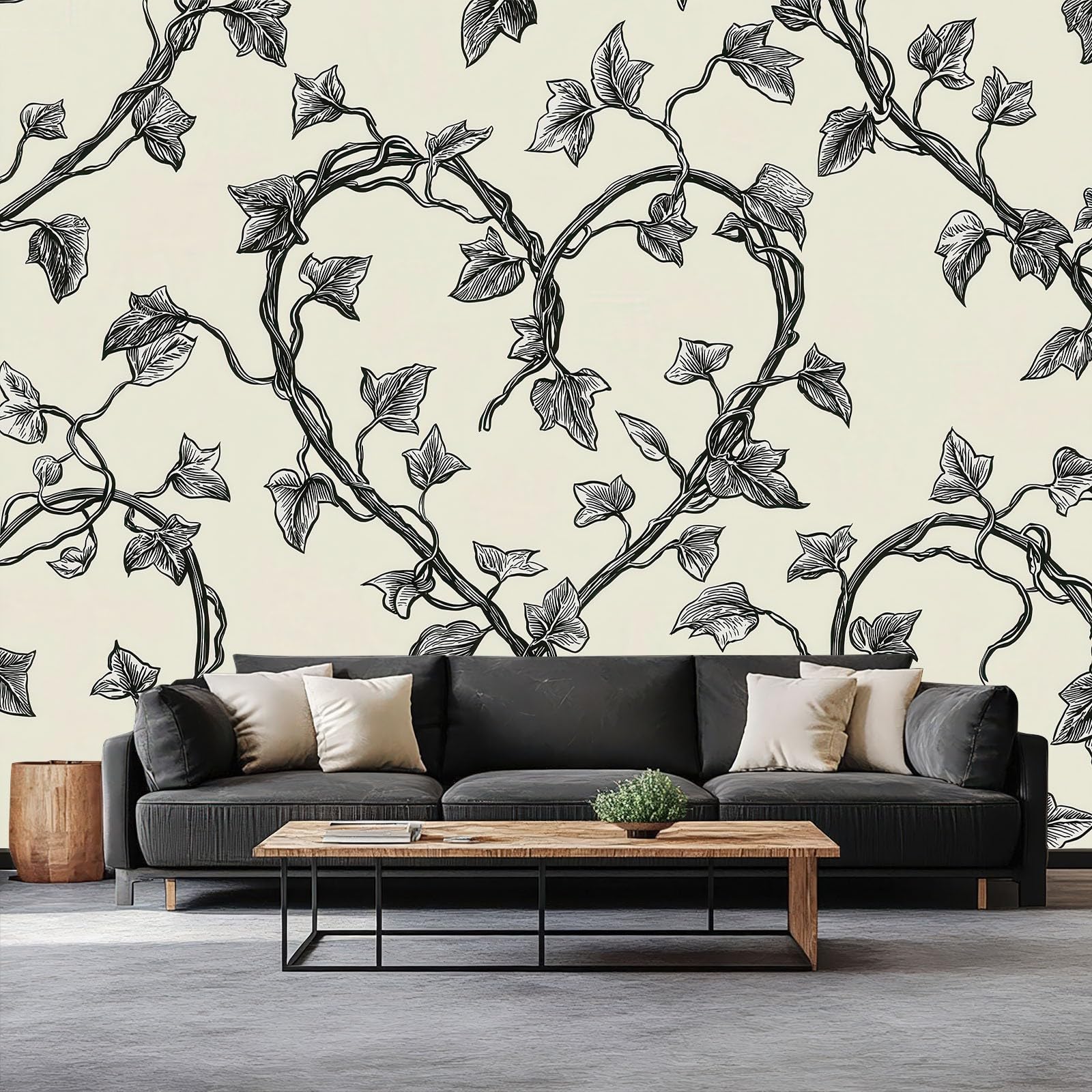 Akwarela rozpryskowa fototapeta 450 x 315 cm mural ścienny, beżowa fototapeta roślina w kształcie serca bluszcz salon sypialnia motyw hotelu sofa tło telewizora dekoracja papierowa fototapeta