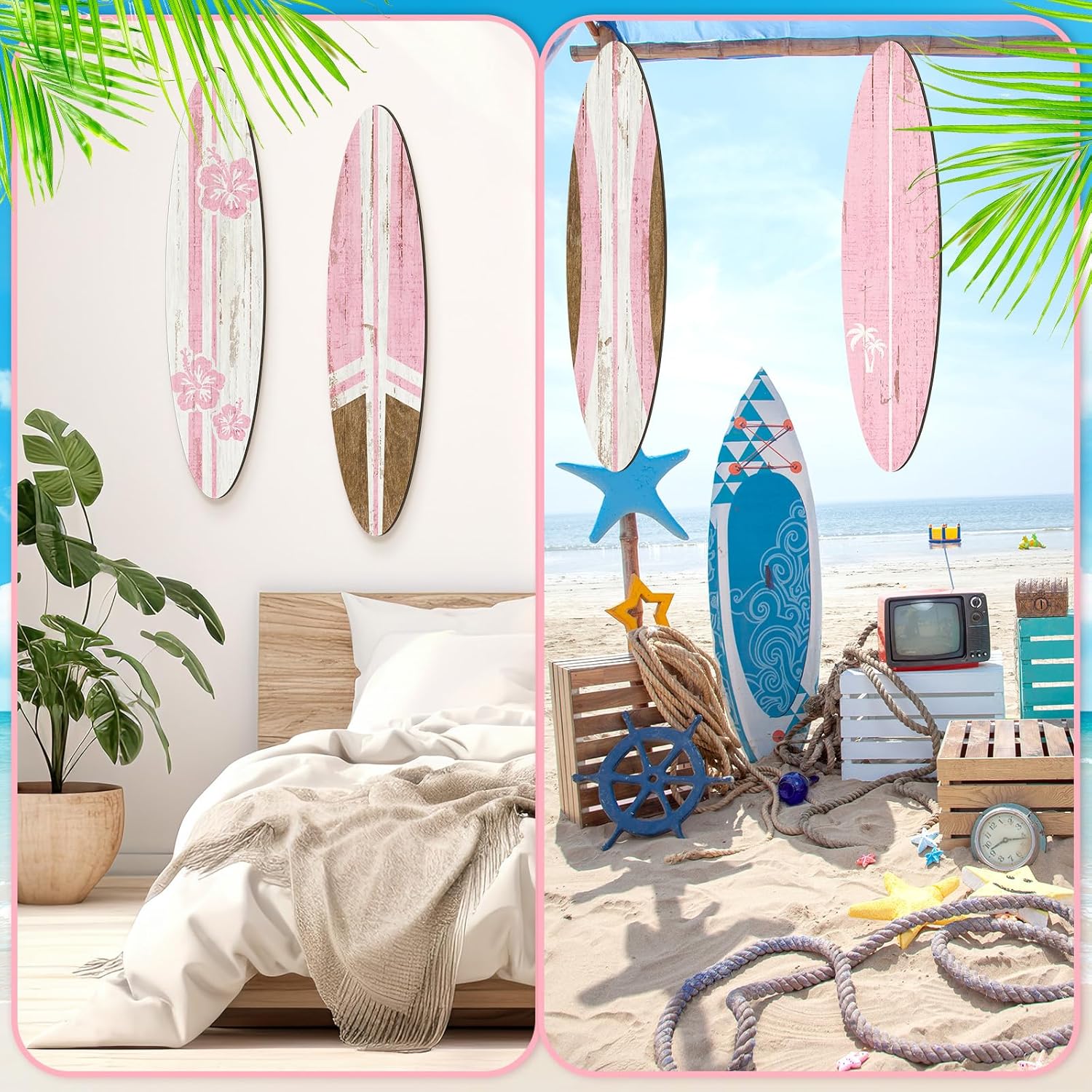 Threan 4 Pcs Surfboard Wall Decors 23.6 x 5.4 Inch Pink Girls Room Decor Preppy Surf Board Hanging Signs Aesthetic Large Wooden Beachy Tropical Wall Art for Surfer Bedroom Living Room Bathroom Decors
