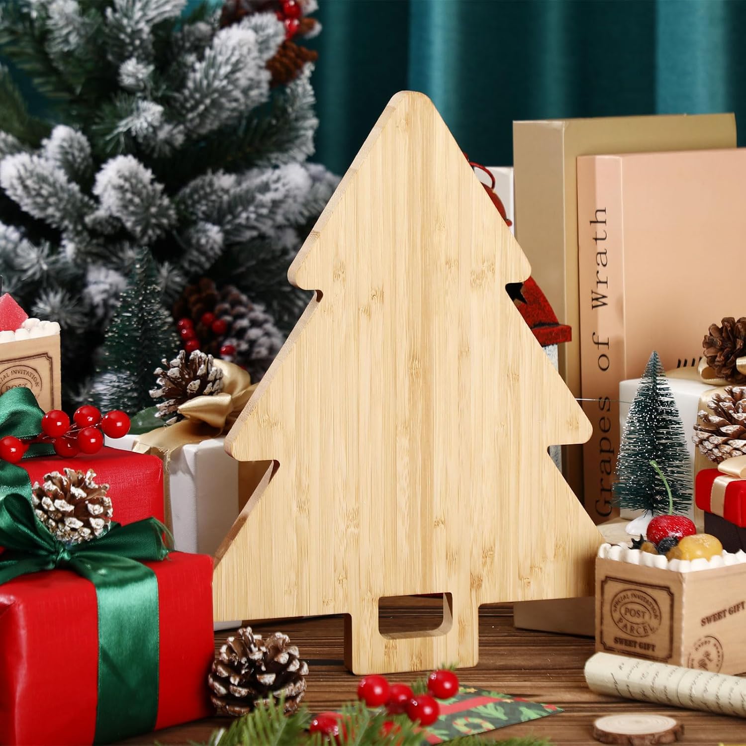 3 Pcs Christmas Tree Charcuterie Board Christmas Tree Cutting Board Wood Serving Decorative Tray with Handle for Xmas Holiday Cheese Fruit Bread Salad Dessert Vegetable Kitchen Housewarming