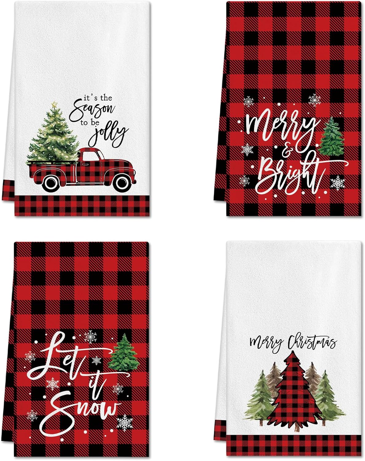 OTOSTAR Merry Christmas Black Red Buffalo Plaid Kitchen Towels Dish Towels 18x26 Inch, Set of 4 Christmas Tree and Truck Winter Decoration Hand Towels for Cleaning Cute Design Home Decor