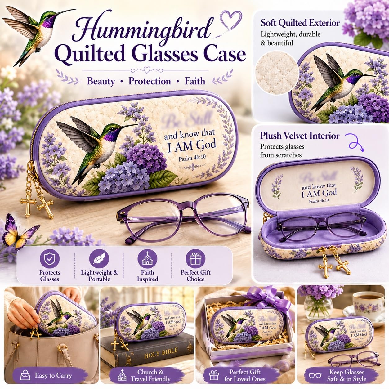 Generisch Gestepptes Brillenetui Mit Kolibri-Motiv, Lila Hortensien-Blumenmuster, Mit Reißverschluss Und Goldenen Anhängern, Leichter Brillenetui-Organizer For Damen Und Herren