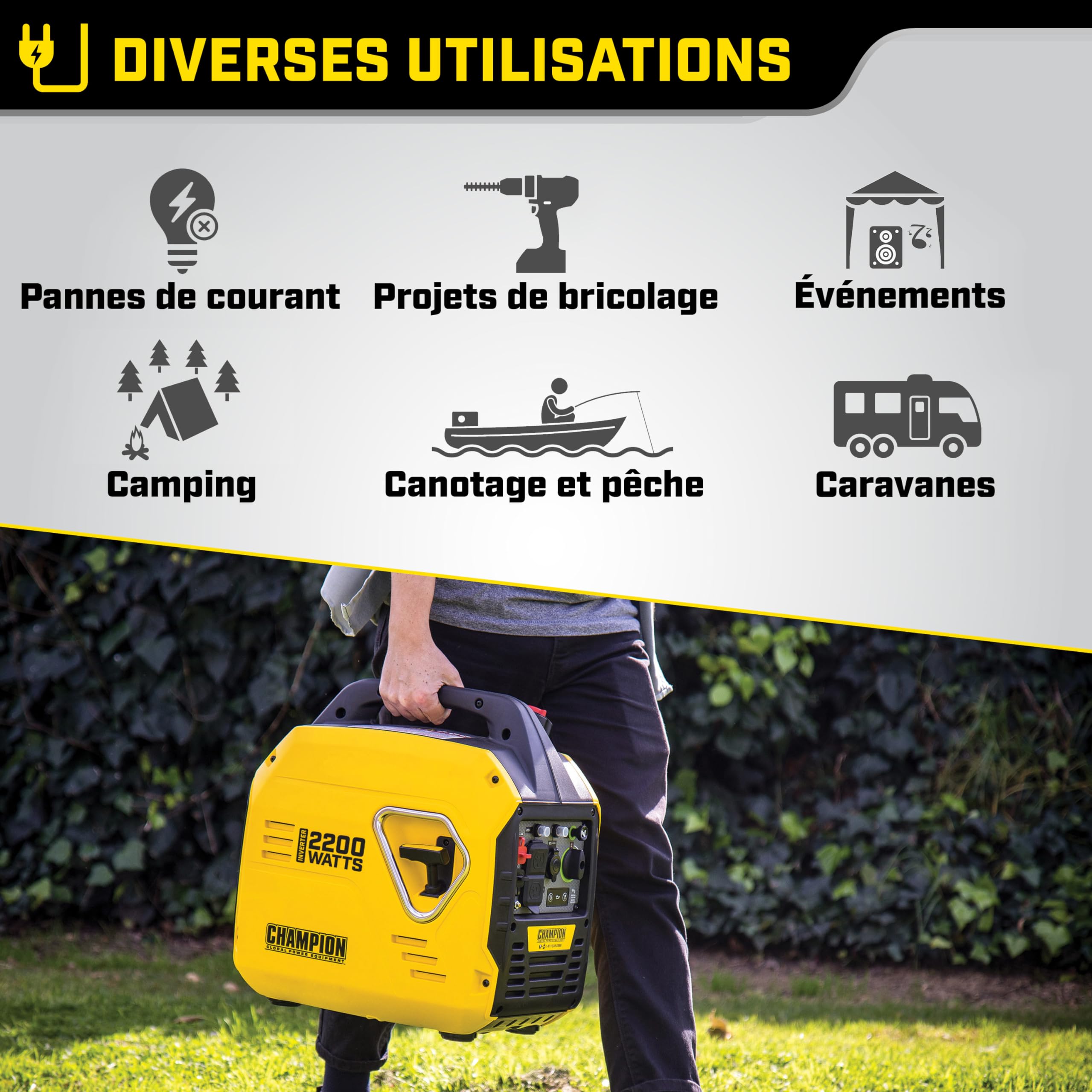 Champion Power Equipment The Mighty Atom 9200i-EU Générateur électrique 2200 W Inverter essence 58 dBA – 7 m de distance, prise 12 V CC et adaptateur USB double port pour camping et extérieur