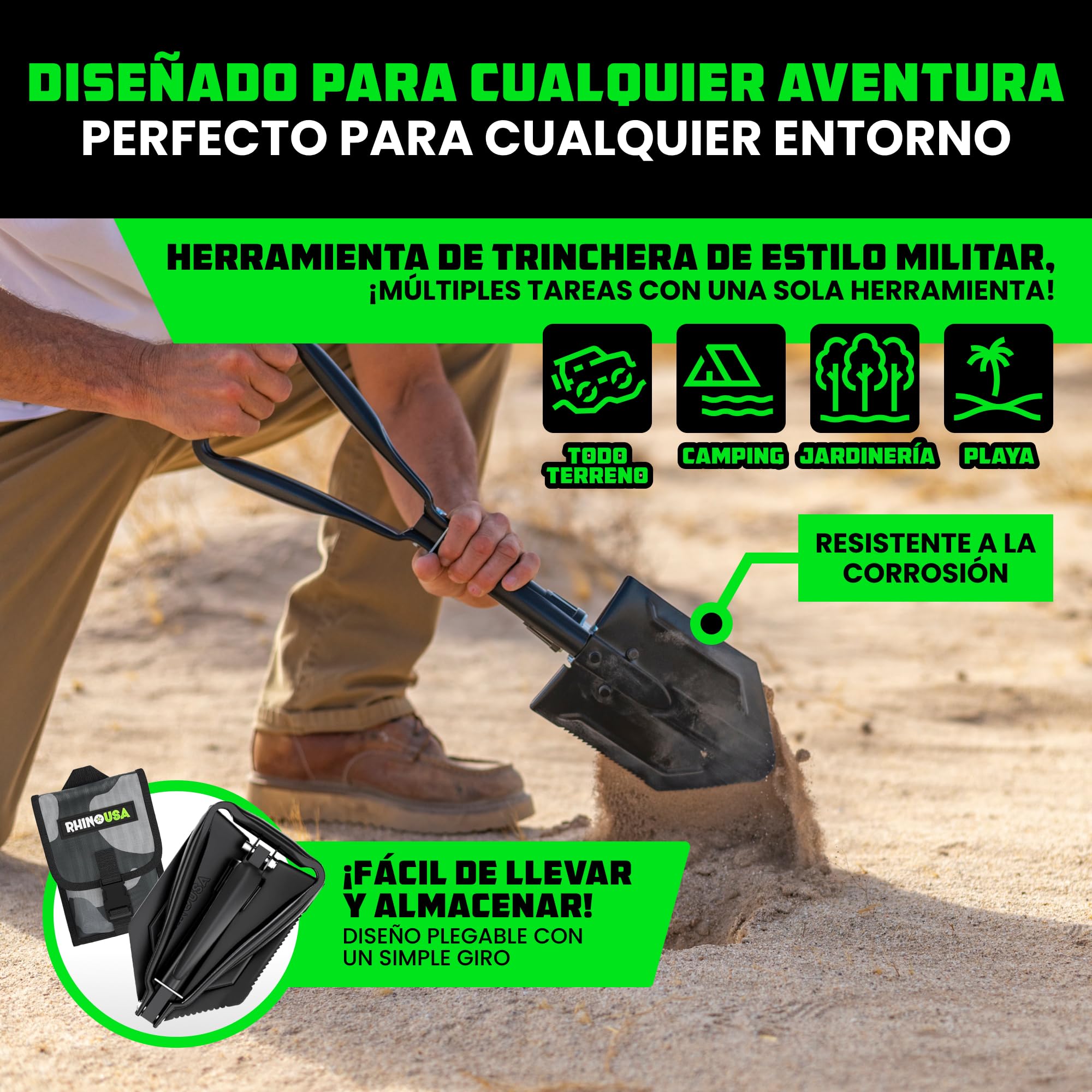 Rhino USA Pala Plegable con Pico - Pala eTool Plegable de Acero Robusta para Playa, Camping, Jardinería y más - Herramienta de Excavación Militar Táctica para Tierra, Arena, Barro y Nieve