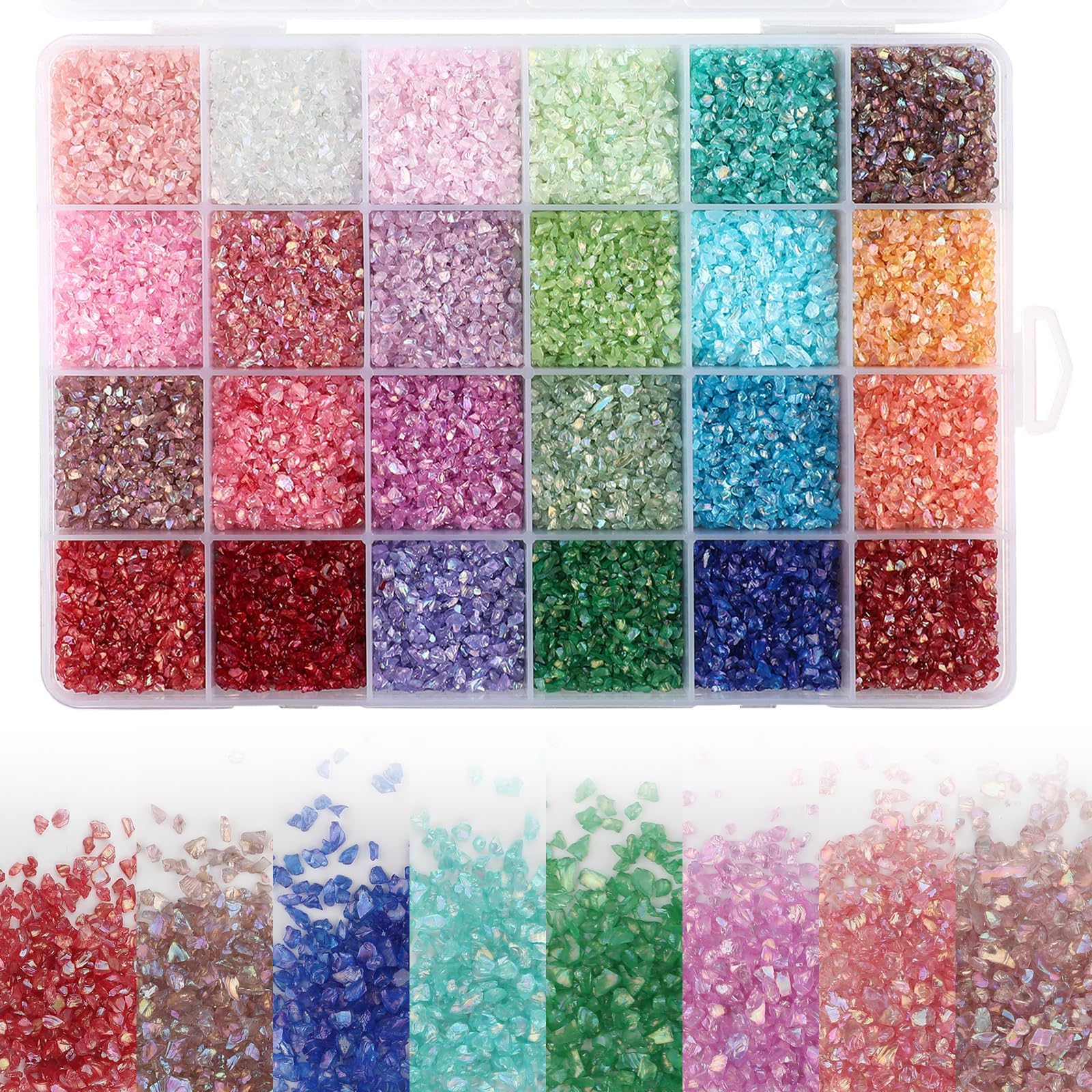 24Colors Crushed Glass Craft Glitter 240g,2-4mm Craft Small Broken Glass Pieces Irregular Metallic Chips Glitter Sprinkles Stones Chunky Flakes Sequins for Resin Art,Epoxy Jewelry,Nail Art,Vase Filler