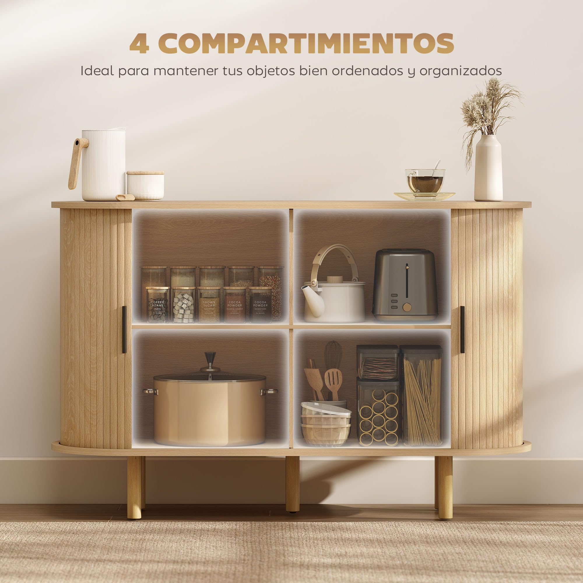 HOMCOM Aparador con Puertas Tambour Deslizantes, Aparador para Salón Moderno, con 4 Compartimentos y Patas de Madera, para Cocina, Entrada, Dormitorio, Roble, 120x40x78 cm