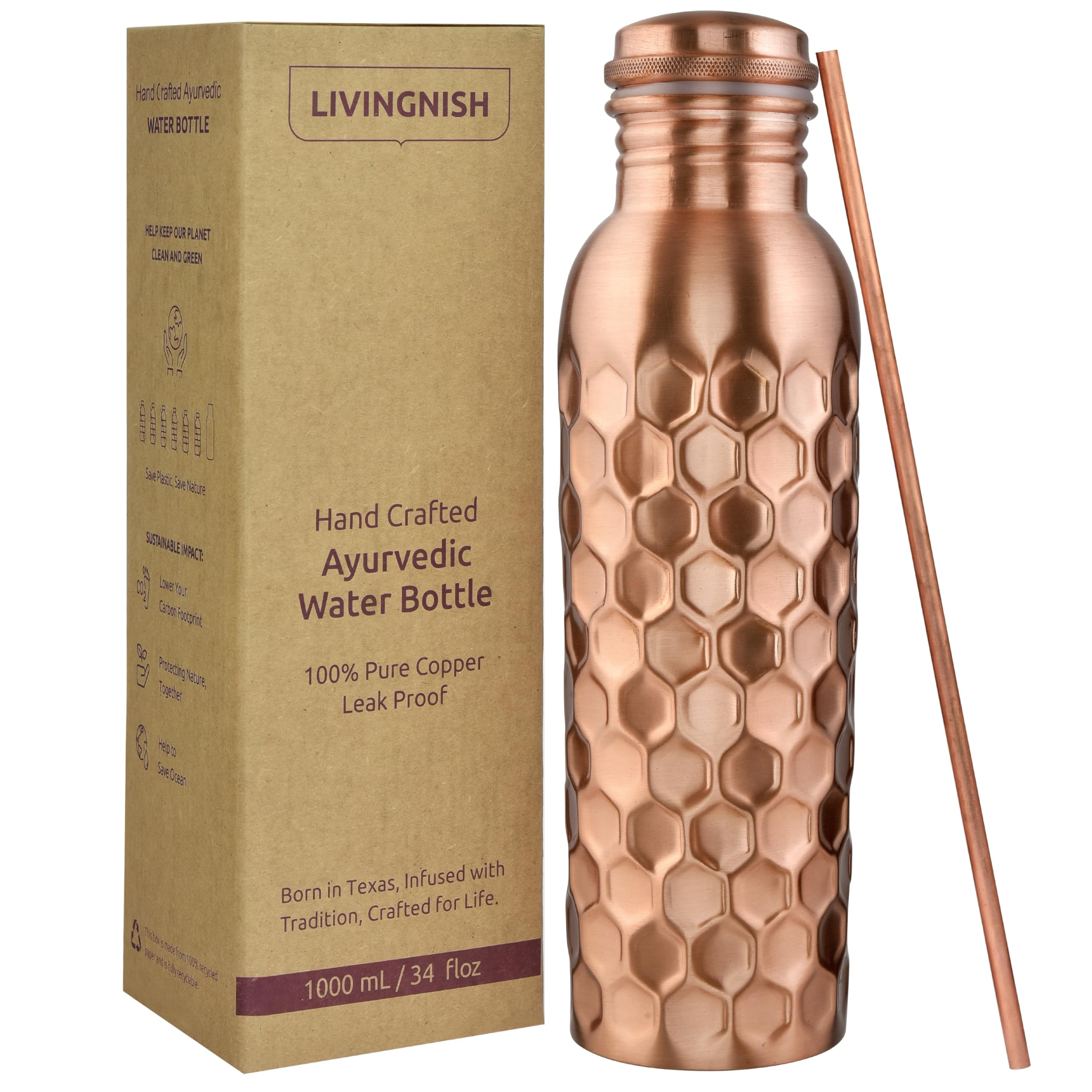 Livingnish Honeycomb Copper Water Bottle 34 oz