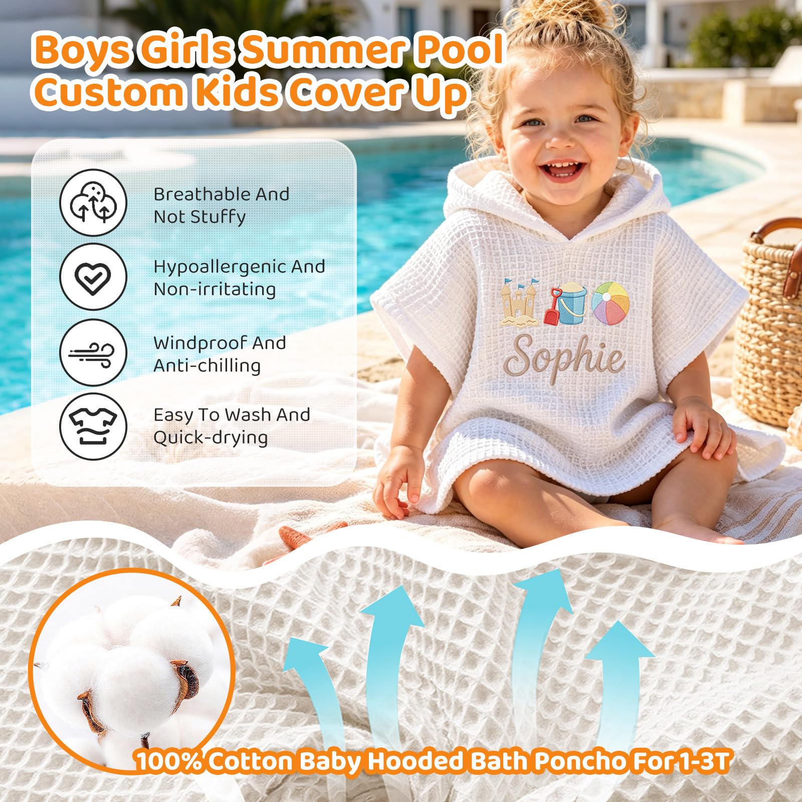 Personalisiertes Handtuch-Poncho Kinder, Strandtuch Stickerei Name, Baumwollwaffel, Kapuze Surf Pool Schwimmen Bad, Sommergeschenk Jungen Mädchen Geburtstag