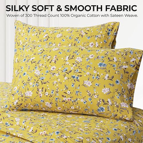 Miniatura 3 de AZORES HOME Carolina - Juego de sábanas de algodón orgánico de 300 hilos, se adapta a colchones de hasta 19 pulgadas, tamaño King, color amarillo