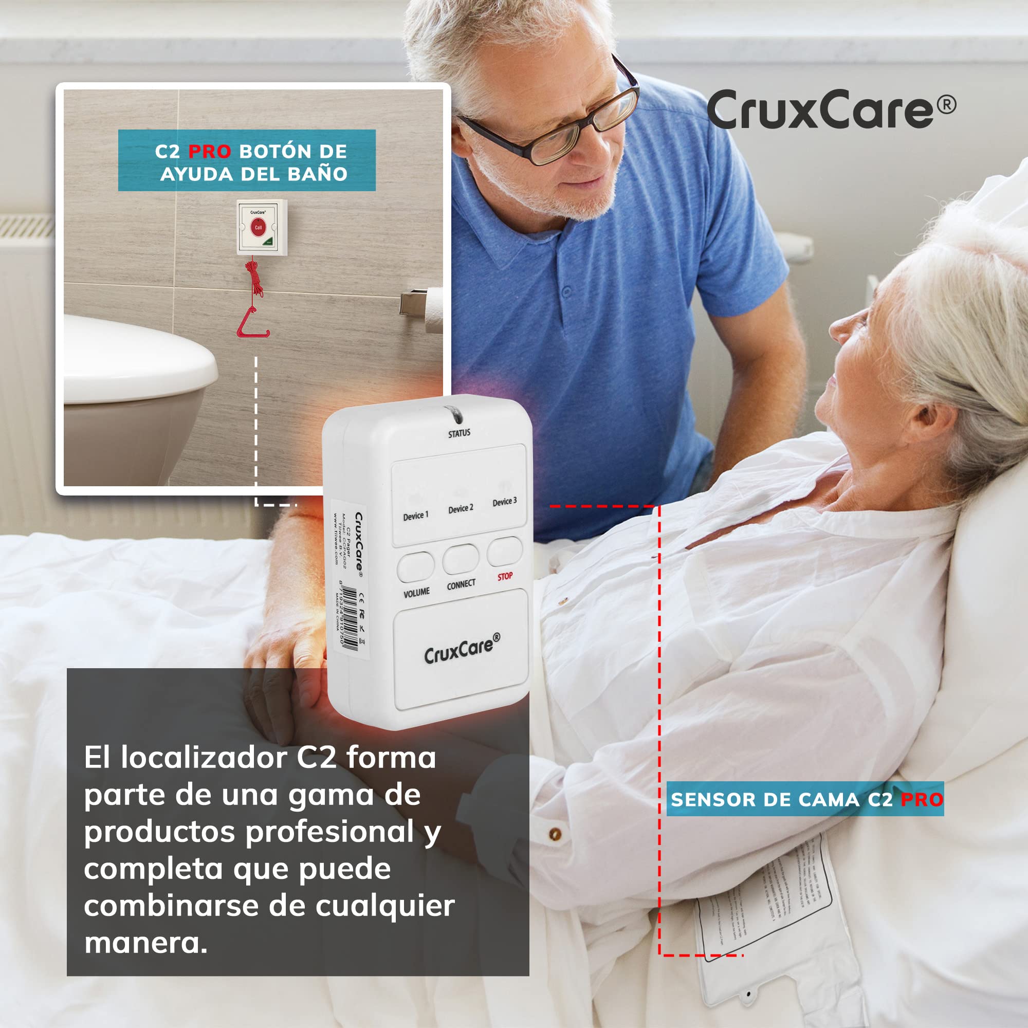 C2 Avisador Personas Mayores - 1 Botón de Llamada | 1 Localizador, Alarma para Ancianos y Discapacitados, Sistema de Emergencia Ancianos, Portátil, Ampliable