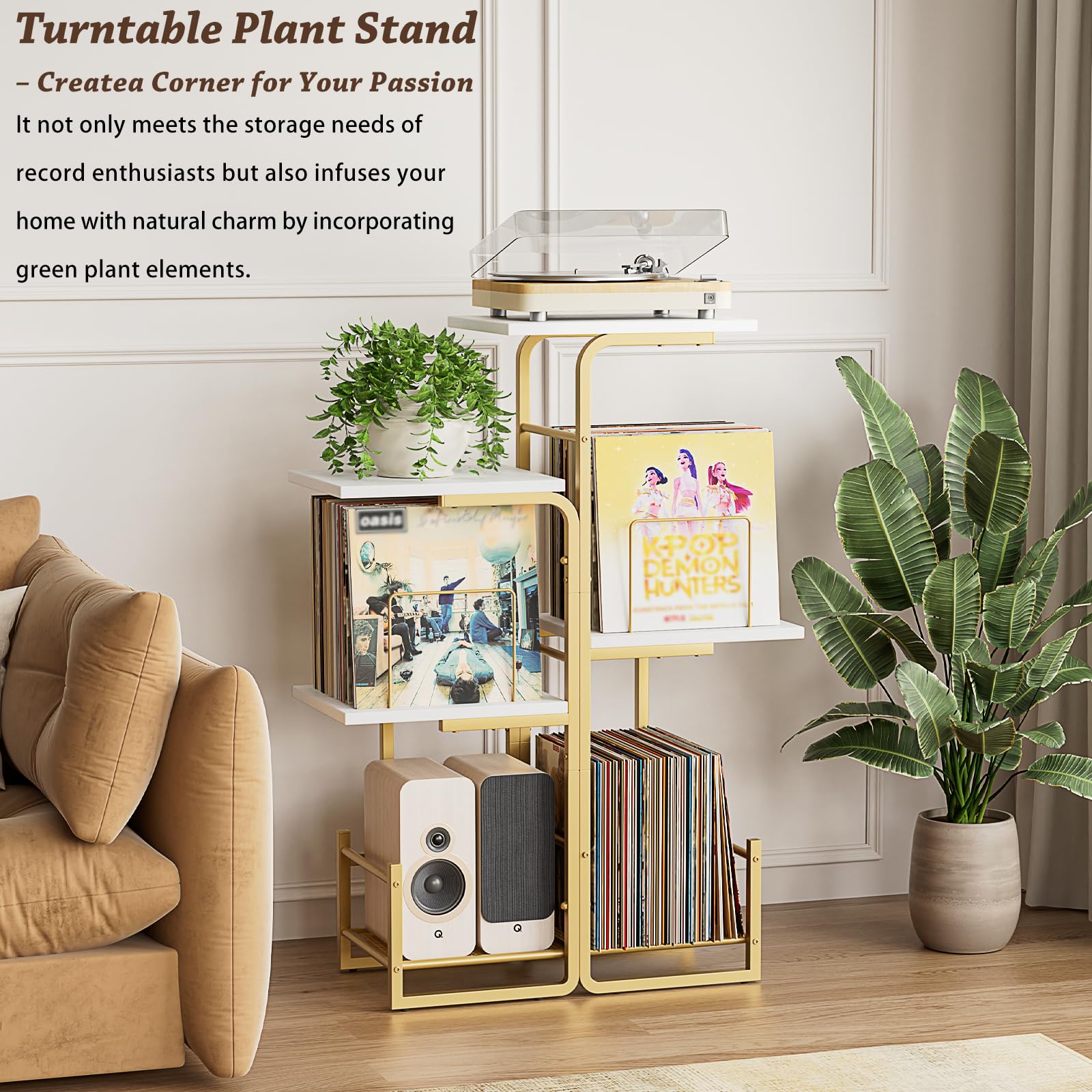 Bikoney Plattenspieler Ständer mit Vinyl-Stauraum & LP-Ablage - Gold | Vinyl-Display & Ständer mit Pflanzendesign für Wohnzimmer, Großer LP-Stauraum & Tisch Ideal für Kleine Räume