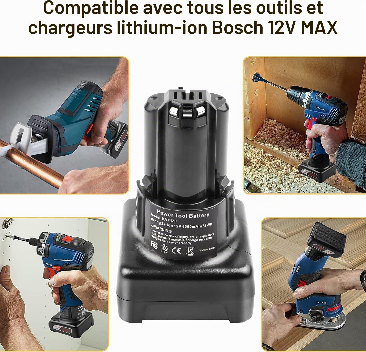 12 V 6 A Batterie de Remplacement Li-ION pour Outils Bosch 12 V - Convient pour Batterie BAT411 BAT412 BAT413 BAT415 BAT420 GBA10.8V