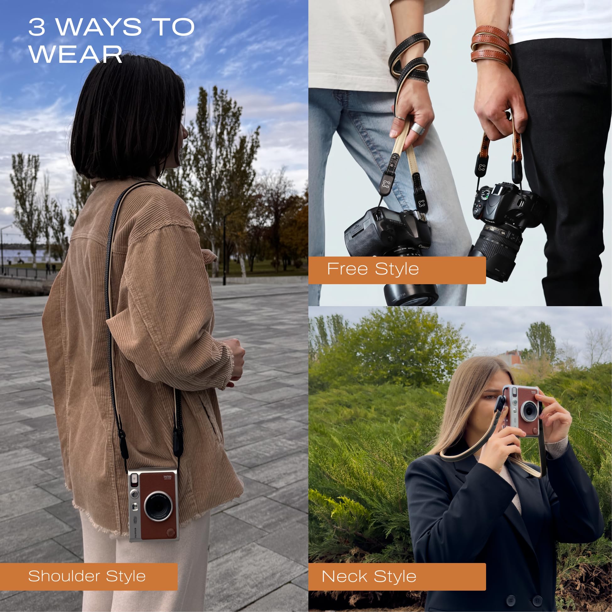 C Coiro Sangle fine en cuir avec libération rapide, sangle d'épaule réglable pour appareil photo reflex numérique compatible avec Fuji Sony Nikon Leica Canon Rembourrée Noir