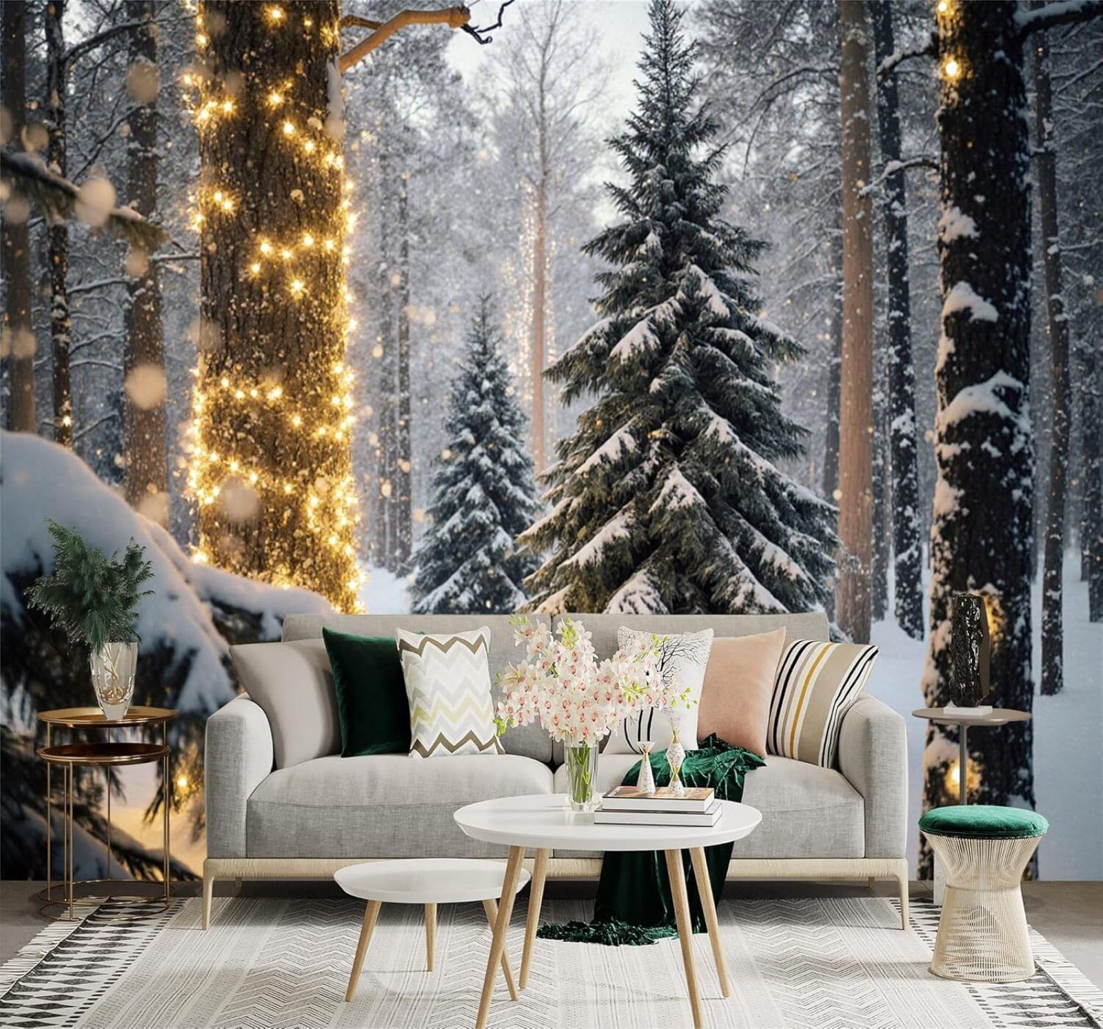 Tzxztt Picturesque Forest Pine Trees Warm Lights Winter Wonderland Modern 3D Wallpaper Premium Textured Silk Neutral Tones Material Ideal for Living Room Bedroom-400cm×280cm