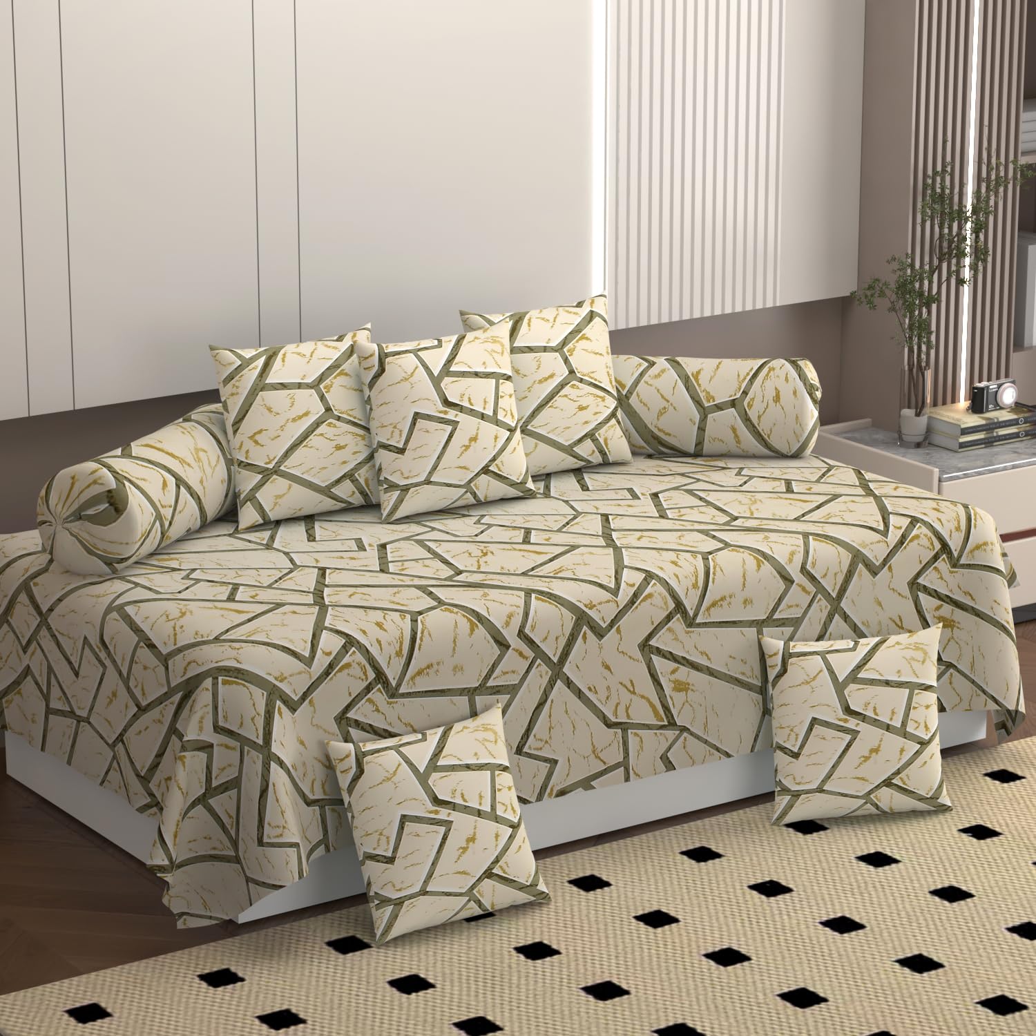 250TC Super Soft Microfiber Diwan Set of 8 Pieces - 1 Single Bedsheet, 2 Bolster Covers, 5 Cushion Covers - 100% Microfiber for Living Room and Dining Hall Pack of 1 (Beige)-image-31