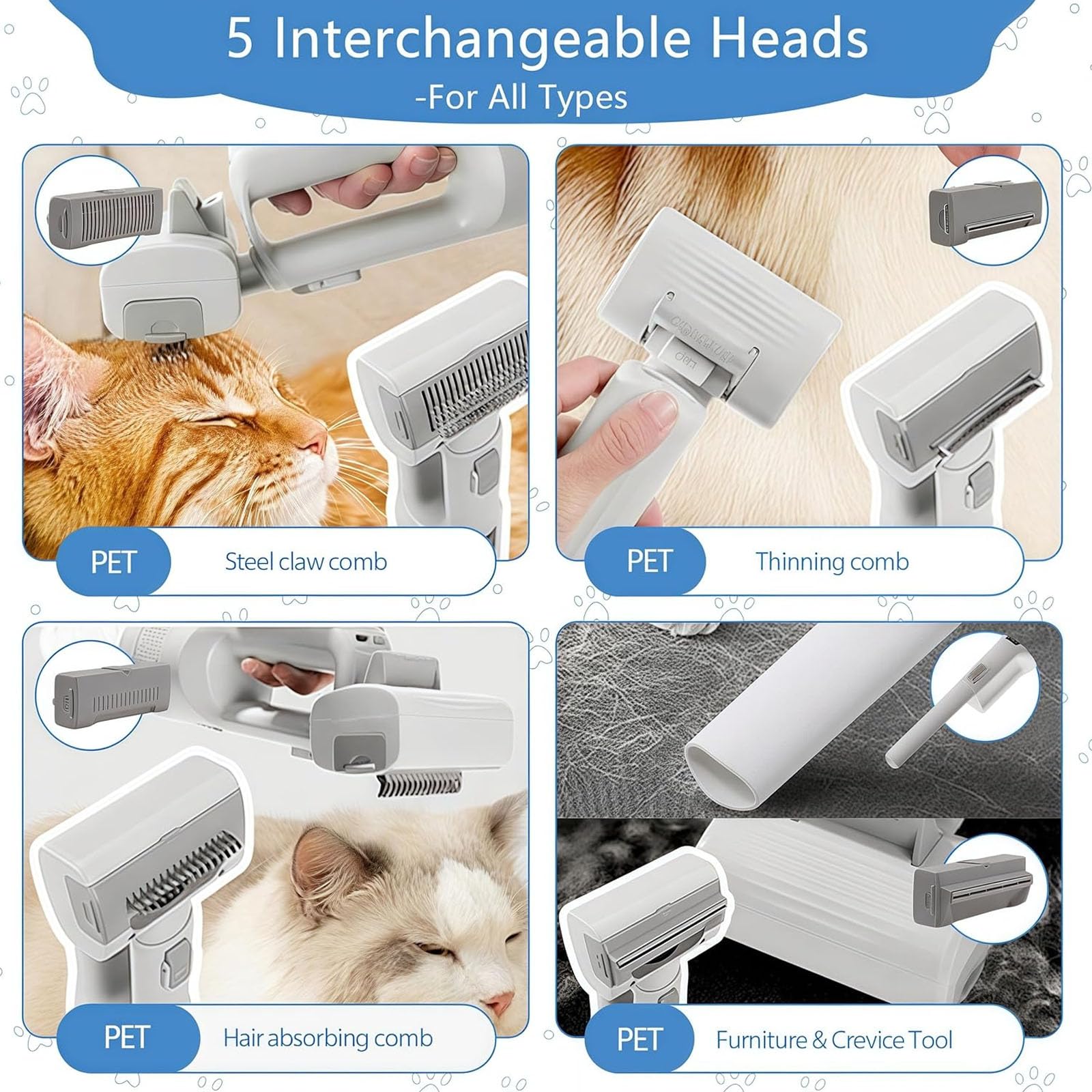Aspiradora Inalámbrica 5 En 1 para Mascotas, Cepillo Recargable Todo En Uno con Aspiradora para Perros Y Gatos, Elimina Enredos, Elimina El Pelo Suelto Y Limpia El Hogar,Blanca