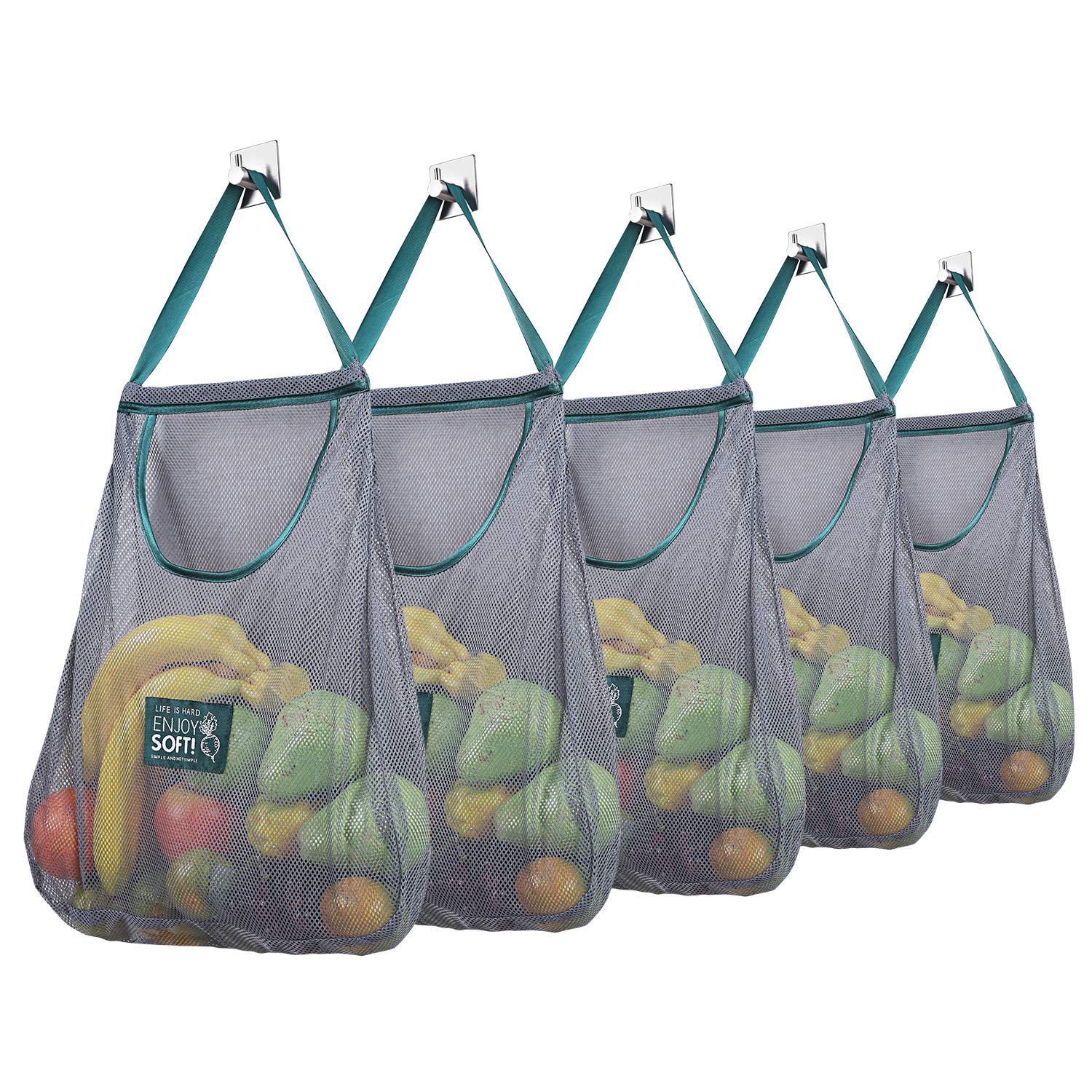 ANTU 5Pack Reusable Mesh Bags for Fruit and Vegetable Hanging Storage, Kitchen Storage,Washable & Foldable Net Bags,XL, Green, XL, Travel,mesh
