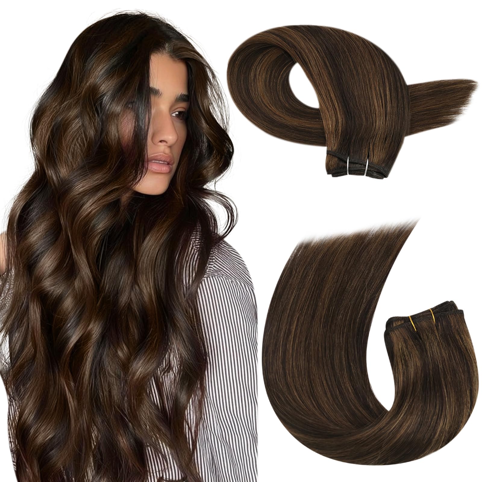 Moresoo Extensiones Pelo Natural Cortina Mechas Castañas 35cm 100g | Textura Suave y Sedosa, Instalación Profesional Recomendada, Ligero y Transpirable, Cabello Humano Remy, Doble Weft