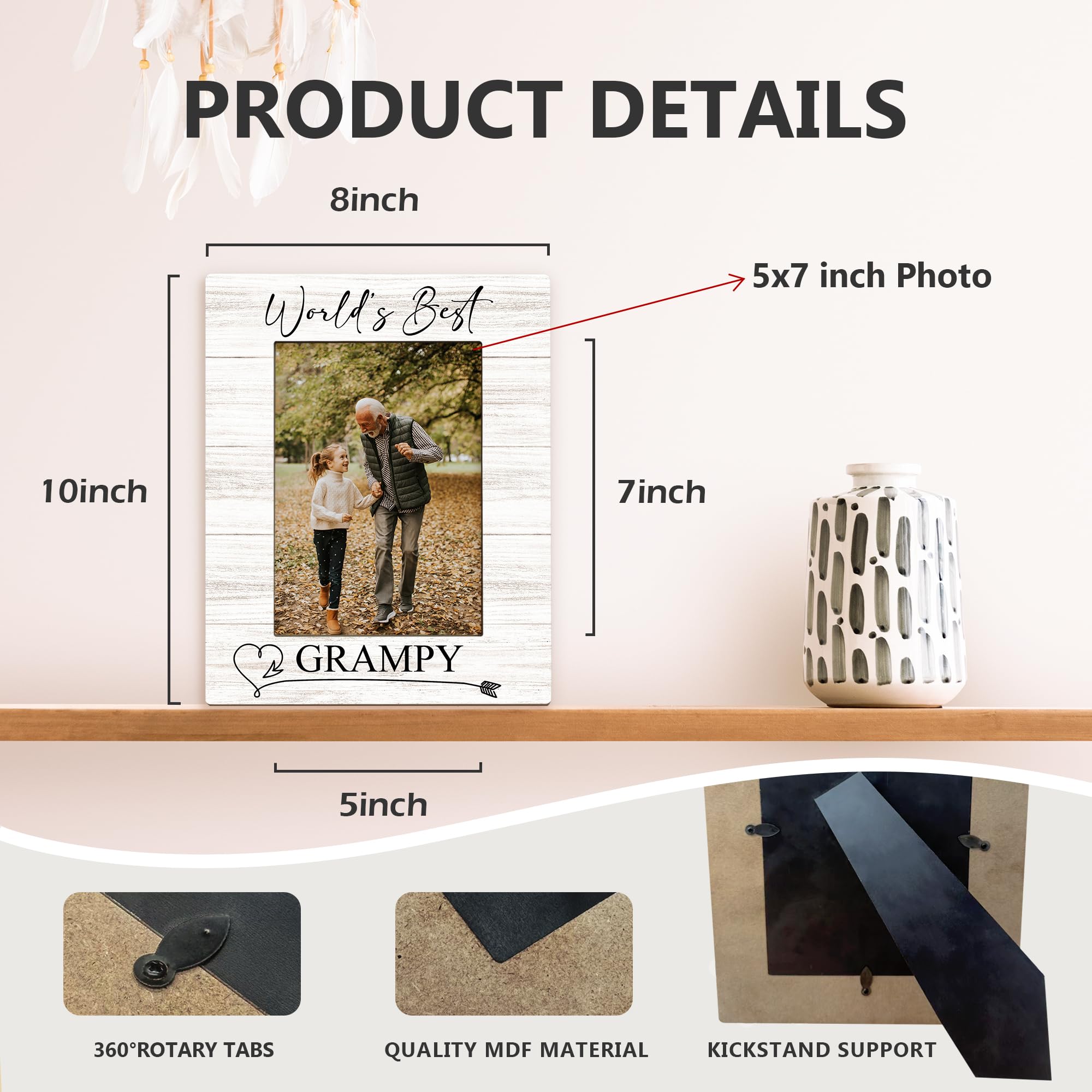 Fathers Day Grampy Picture Frames - Grandpa Photo Frame, GrampyGrandpa Gifts for Father's Day Birthday from Grandkids Grandchildren, World's Best Grampy Picture Photo Frames for Home Bedroom Decor, 5x7