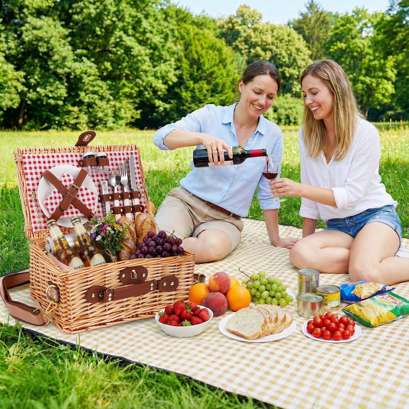 Wicker Picnic Basket Cestino da Picnic in Vimini per 2 Persone – Set Picnic con Vano Isotermico, Piatti, Posate, Bicchieri da Vino, Cavatappi – Perfetto per Spiaggia, Campagna, Parco & Regalo BBQ