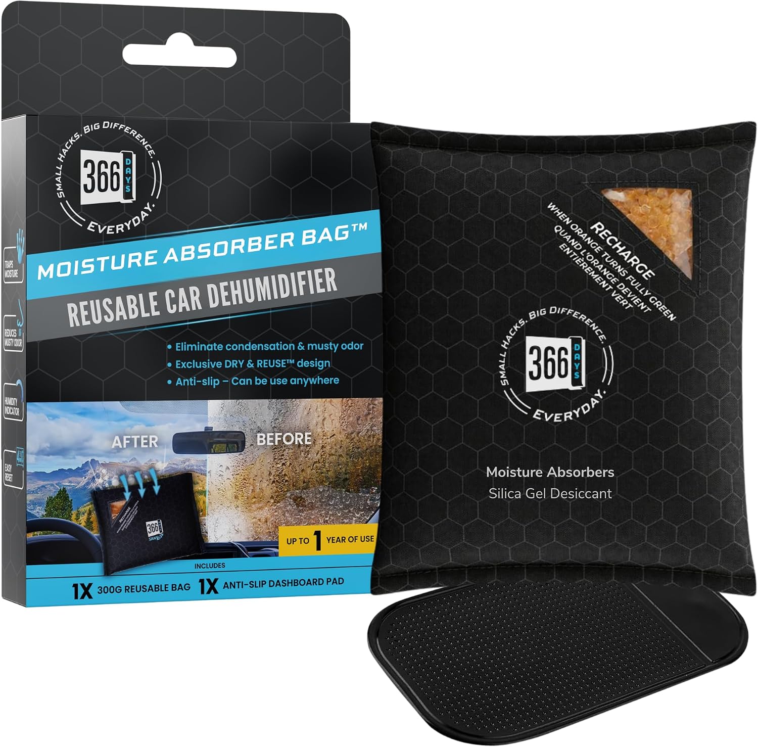 Dehumidifier & Moisture Absorber Bag – Reusable Silica Gel with Color-Changing Indicator – Eliminates Humidity & Musty Odors for Cars, RVs & Home (2)