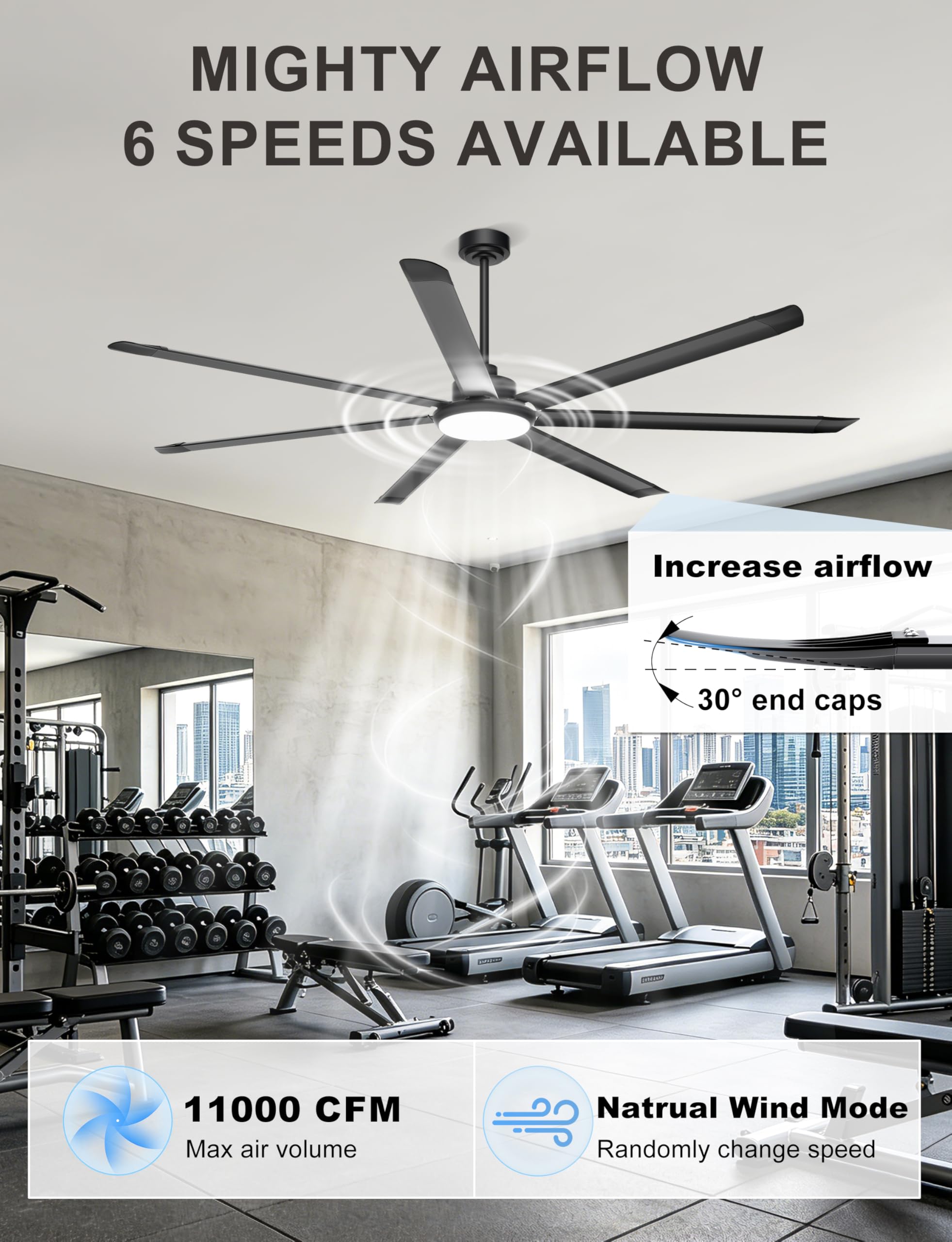 Ohniyou Ventilador de Techo de 213 cm con Luz - Ventiladores de Techo Industrial Grande con Control Remoto/APP, 7 Aspas de Aluminio, Motor DC Silencioso para Interior Exterior Terraza Garaje, Negro - 3