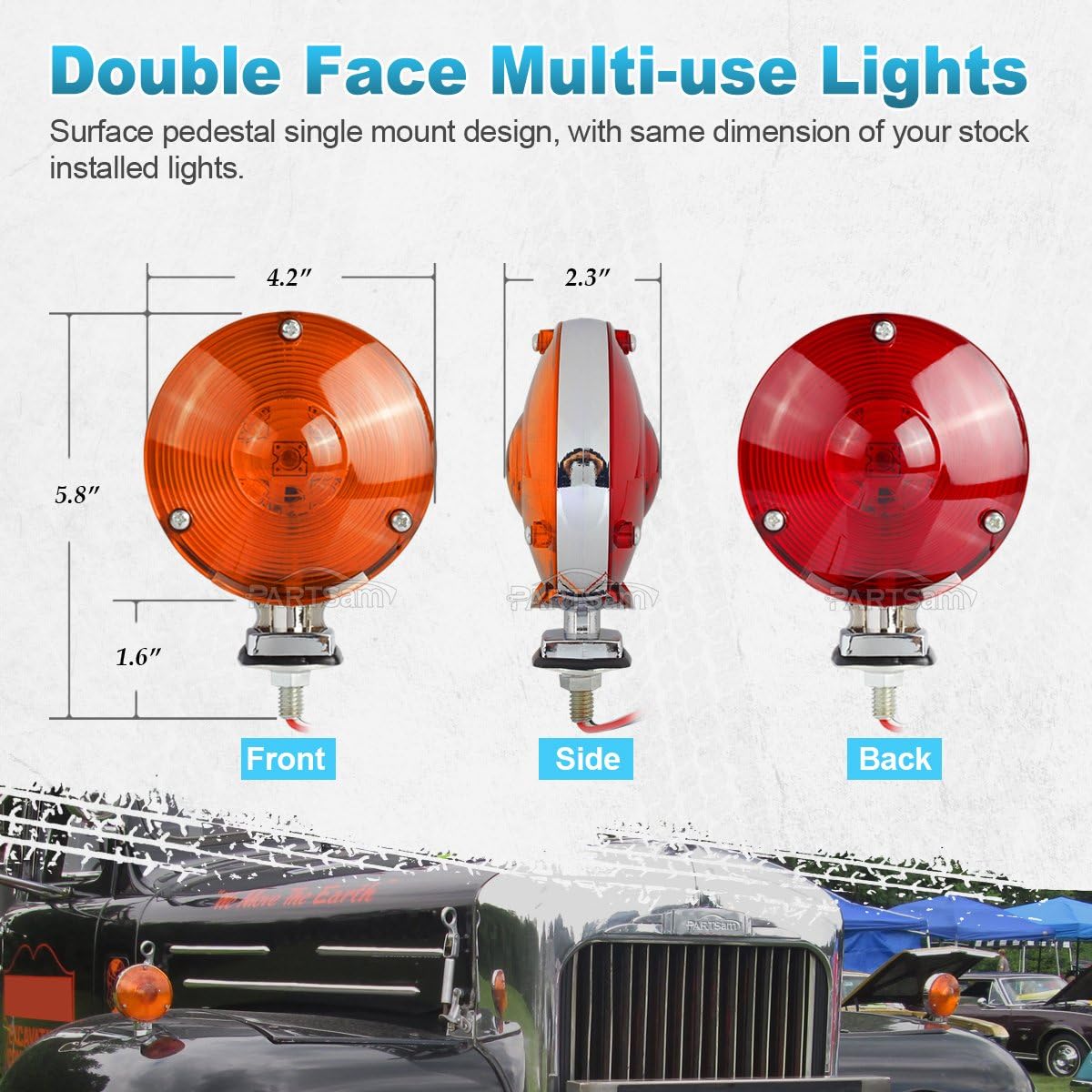 Partsam 2Pcs 4 Inch Round Double Face Star Led Pedestal Lights Mount Stop Tail Brake Turn Signal Lights Trucks Semi Trailers Tractors Fender Mount Lights Lamps DOT Compliant