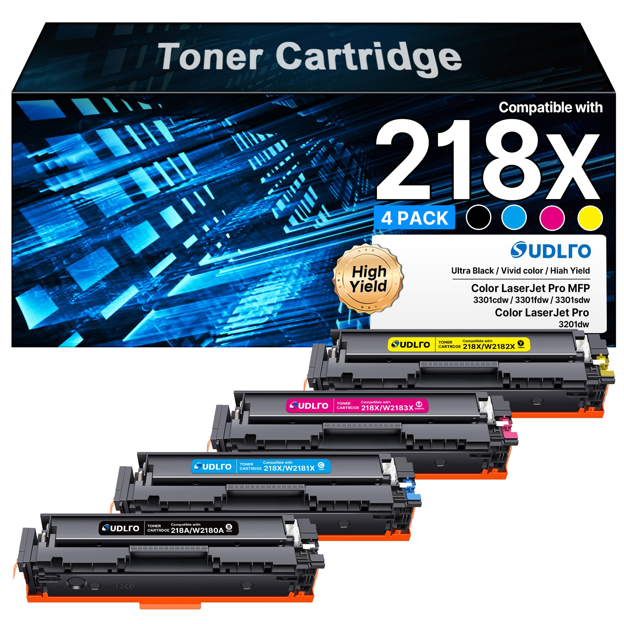 218X Toner Cartridges 4 Pack No Chip for HP 3301fdw 3301cdw 3201dw | 218X high capacity toner cartridges 4 pack without chip for HP Color LaserJet Pro MFP 3301fdw 3301cdw 3301sdw and 3201dw