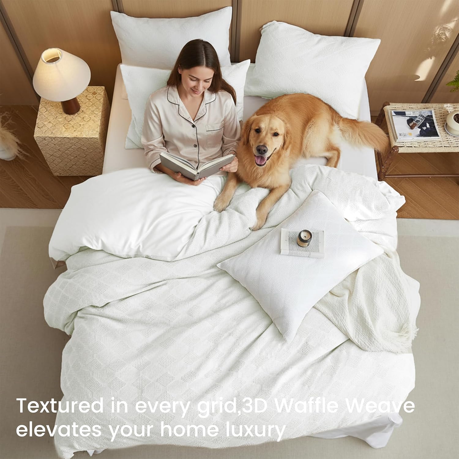 BISELINA 100% Cotton Waffle Weave Duvet Cover Set Full Size 3 Pieces (1 Duvet Cover 78"x86", 2 Pillowcases) Soft Breathable Durable Chic Bedding Set for All Season - White, Full Size
