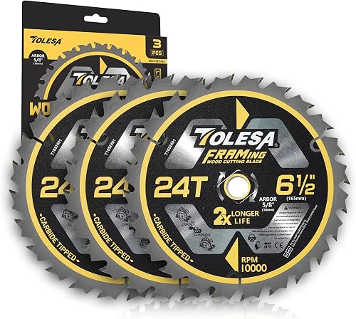 TOLESA 6 1/2 Circular Saw Blades, 24T for Wood and Plywood, 3-Pack | Tungsten Carbide Teeth, Super Thin Kerf, ATB Design, Heat Dissipation, 5/8" Arbor, for Hardwood, Laminate, MDF, OSB
