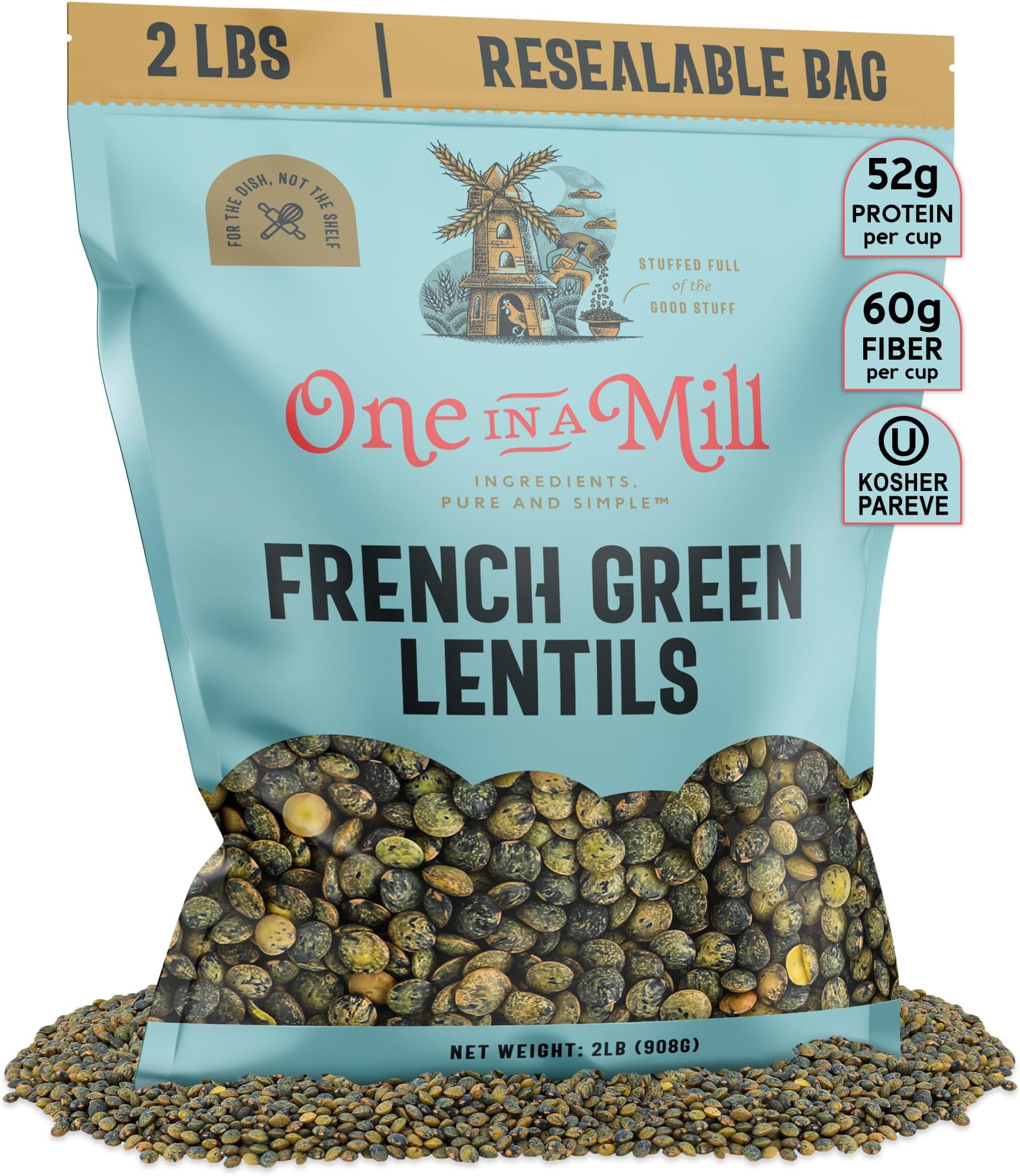 ONE IN A MILL French Green Lentils | 2LB Bulk Le Puy Dry Lentils Resealable Bag | All-Natural Plant-Based Protein for Soups, Salads, & Stews | OU Kosher