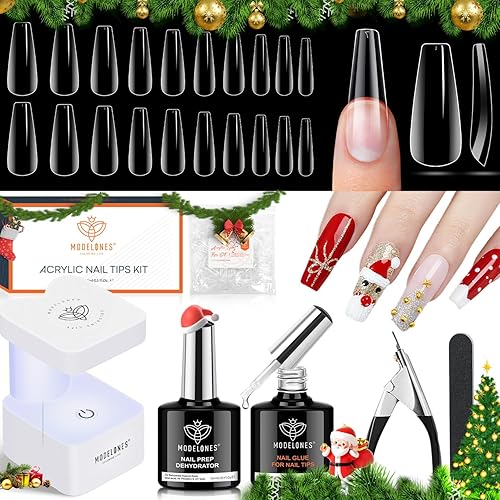 modelones Gel Nail Kit, Fake Nails Long Coffin, 9-in-One Glue Prep Dehydrator & Portable Mini U V Light Acrylic Clipper, 500Pcs Coffin Tips for Extension Kit DIY Salon Home Gifts for Women