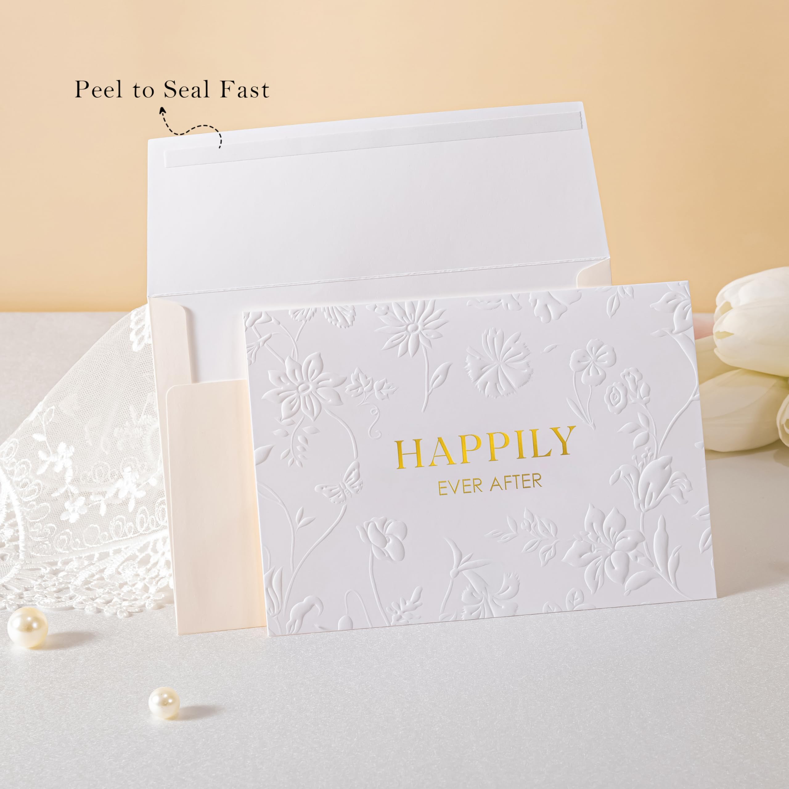 Crisky 13" Embossed Wedding Gift Bag with Pearl Handles, Large Bridal Shower Gift Bag with Greeting Card Tissue Paper Envelopes (Happily Ever After) for Bride, Women, Friends Engagement Party