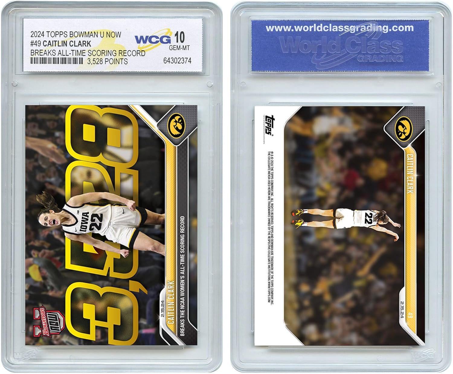 WCG 2024 Topps Bowman Iowa Caitlin Clark Card #49 Breaks All-Time NCAAW Scoring Record - Graded GEM Mint 10