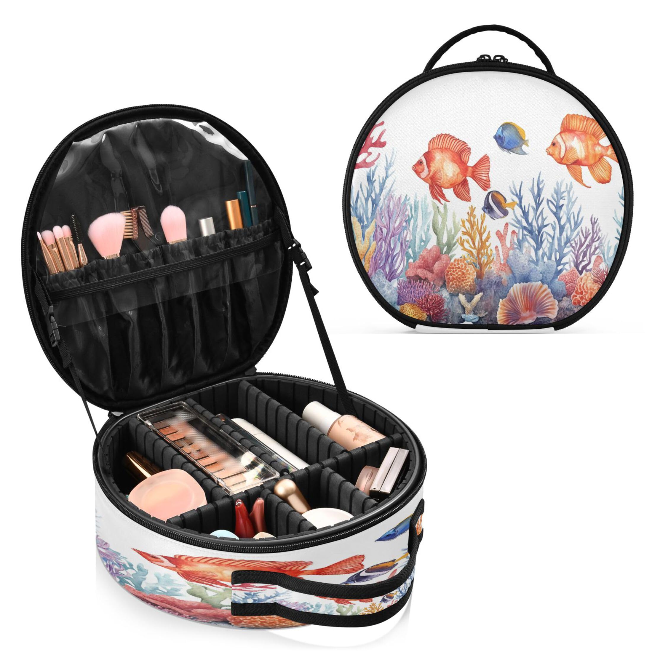 Takiito Sea Fishes Travel Makeup Case Portable Makeup Box Artist Cosmetic Case Organizer With Adjustable Dividers