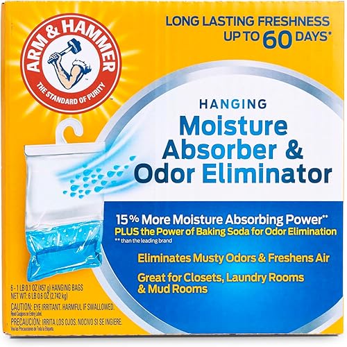 Arm & Hammer Absorbedor de humedad colgante y eliminador de olores, 16.1 onzas, paquete de 6 unidades, sin fragancia, absorbentes de humedad