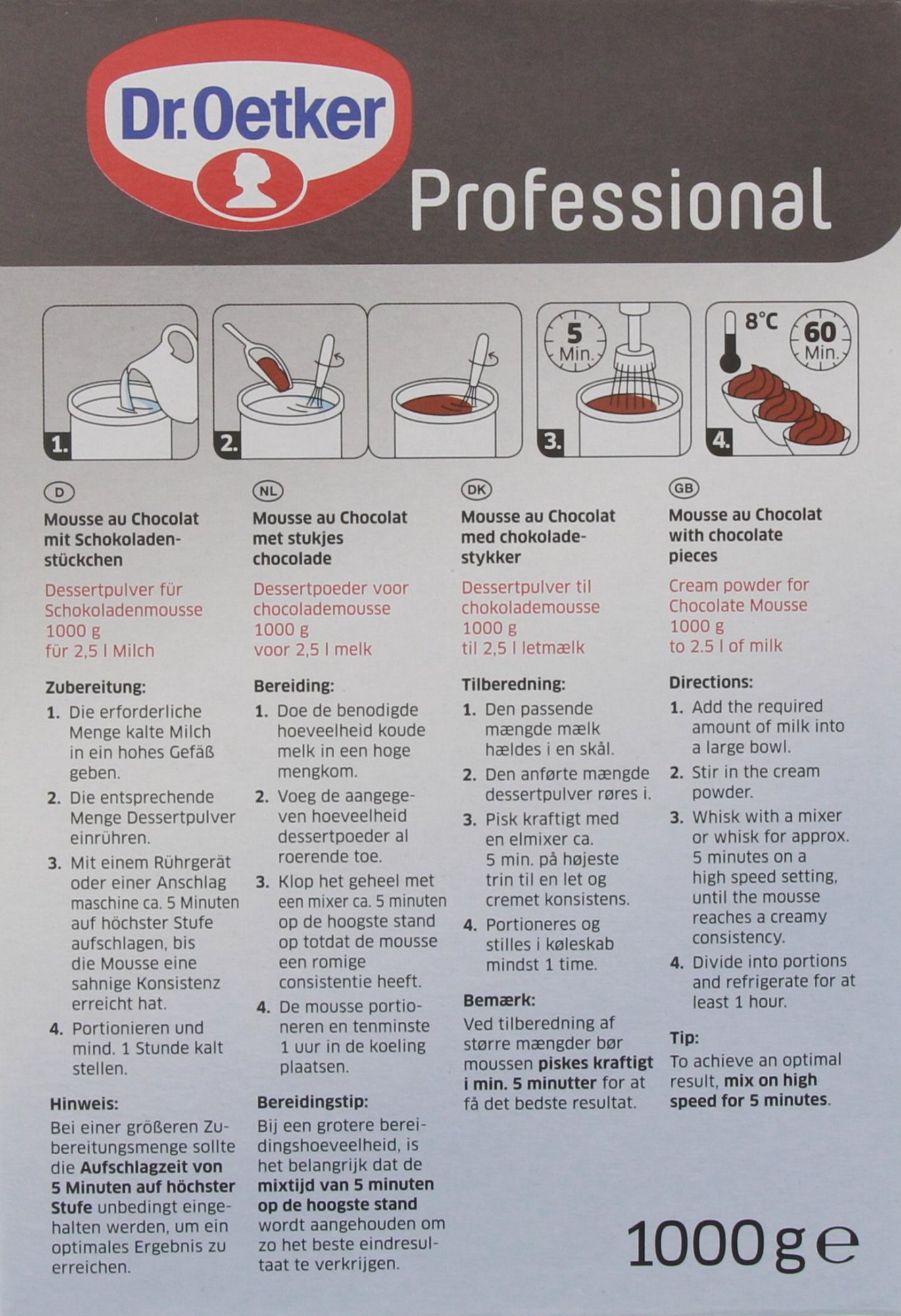 Dr. Oetker Professional Mousse au Chocolat mit Schokoladenstückchen, Dessertpulver in 1 kg Packung