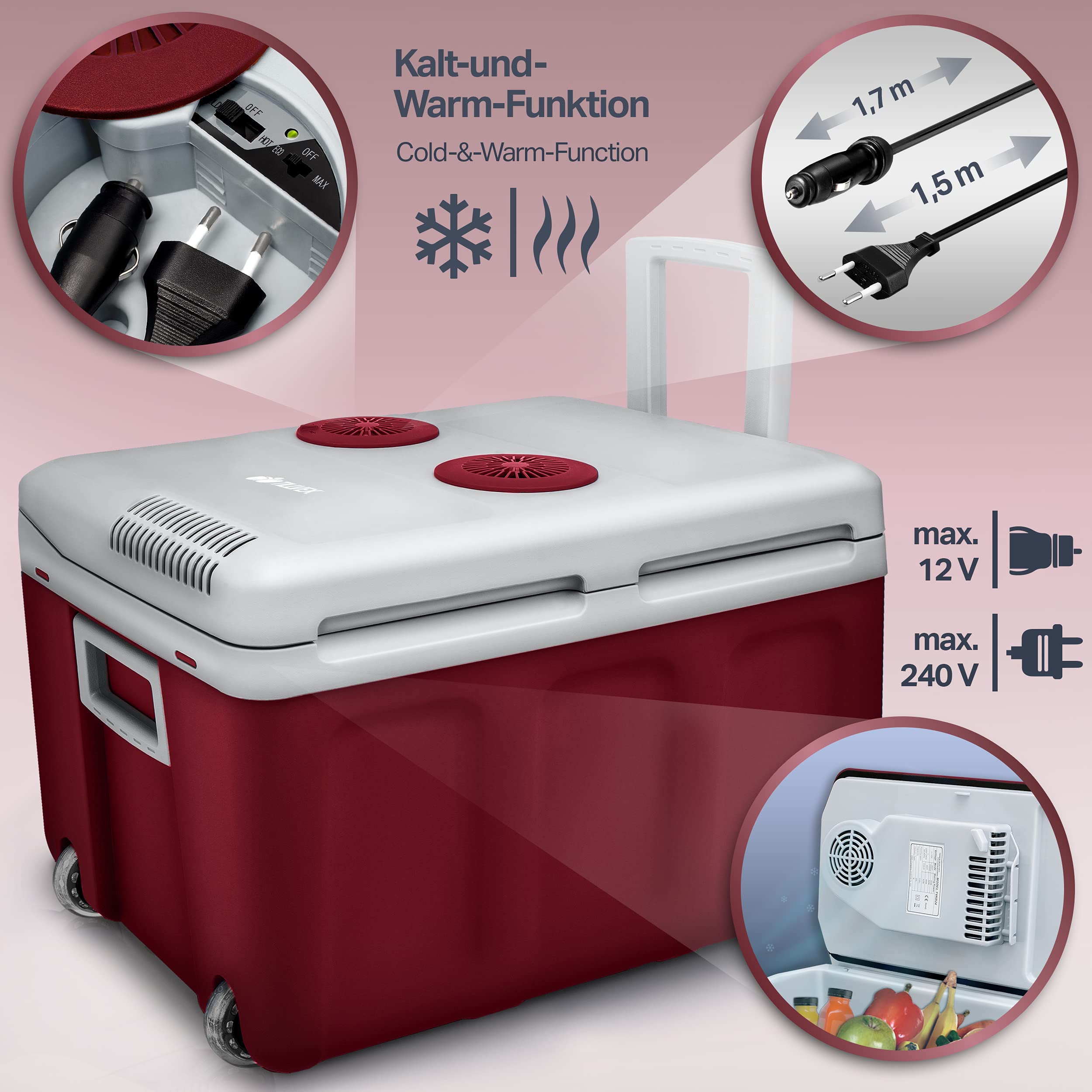 tillvex Elektryczna lodówka turystyczna 40 l na kółkach, mini lodówka 230 V i 12 V, do samochodu, na kemping, chłodzi i ogrzewa, tryb ECO (czerwony)