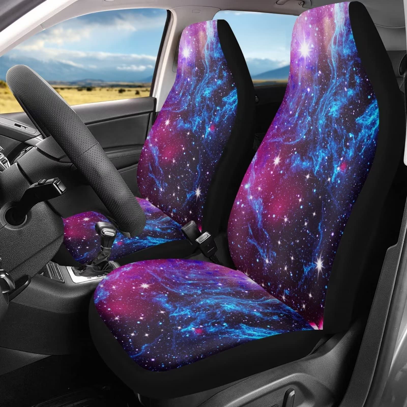 chaqlin Galaxy Night zestaw pokrowców na siedzenia samochodowe, 2-częściowy, łatwy w instalacji ochraniacz na przednie siedzenie, poduszka pasuje do większości samochodów, sedanów, bagażników, SUV-ów lub vanów