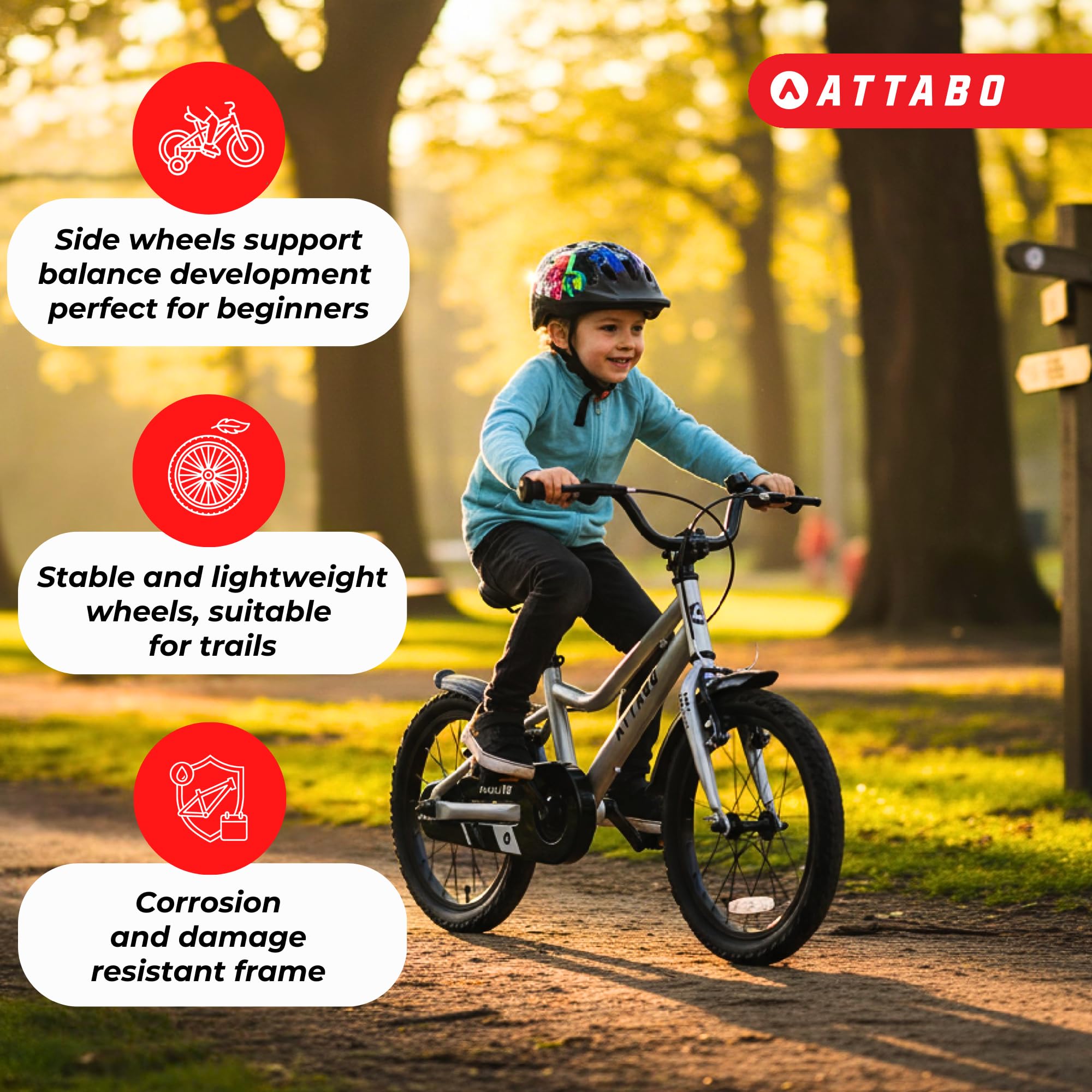 ATTABO Knack 16 - Bicicletta per bambini (5-7 anni) con telaio in alluminio leggero (9 kg), ruote da 16", per 110-120 cm, manubrio ergonomico, stabile e leggero, ideale per l'apprendimento in